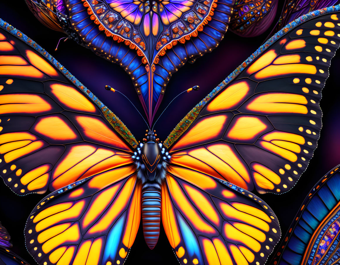 Colorful Butterfly Digital Art in Orange, Blue, and Black Palette