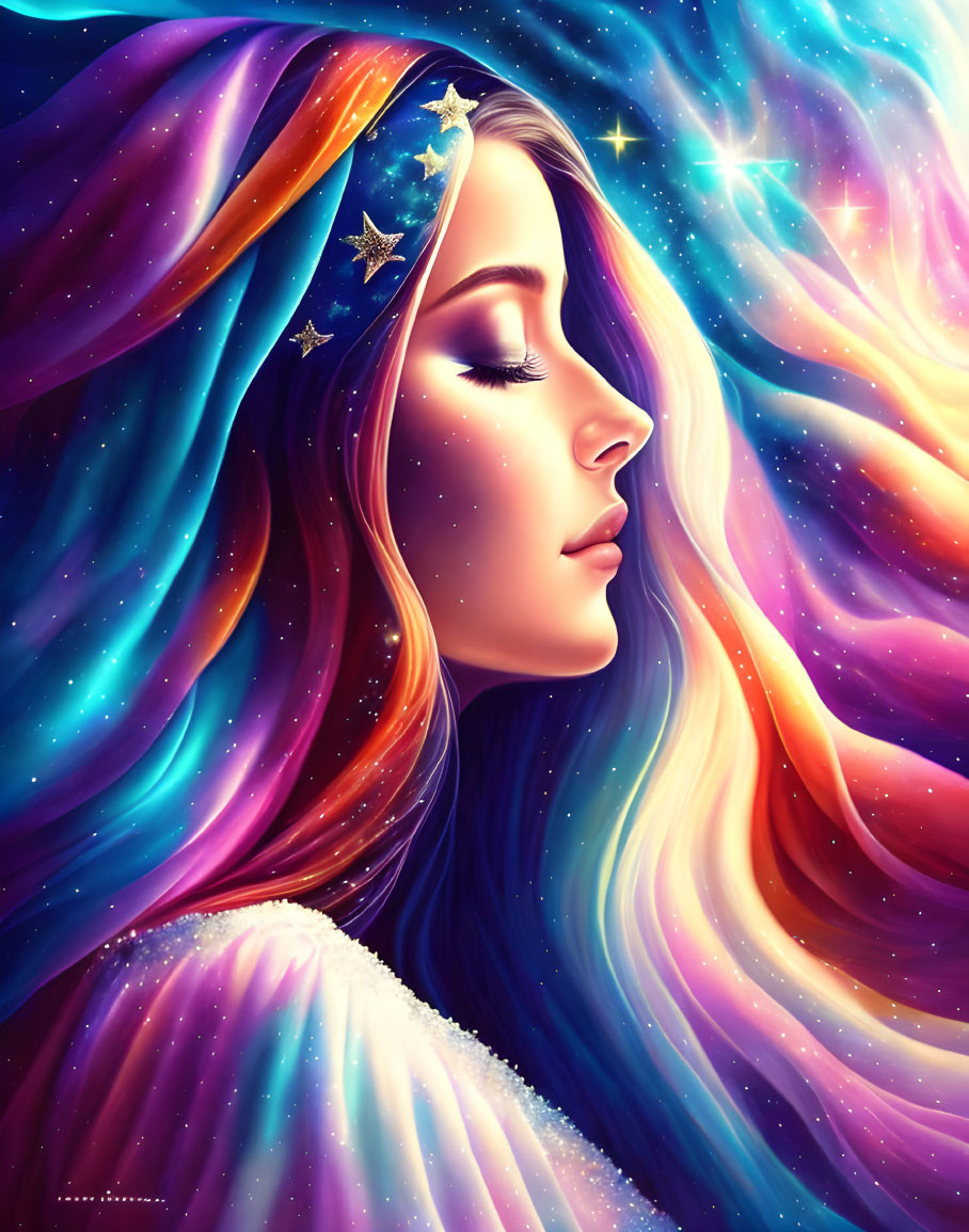 Profile of woman with hair and clothing against cosmic backdrop