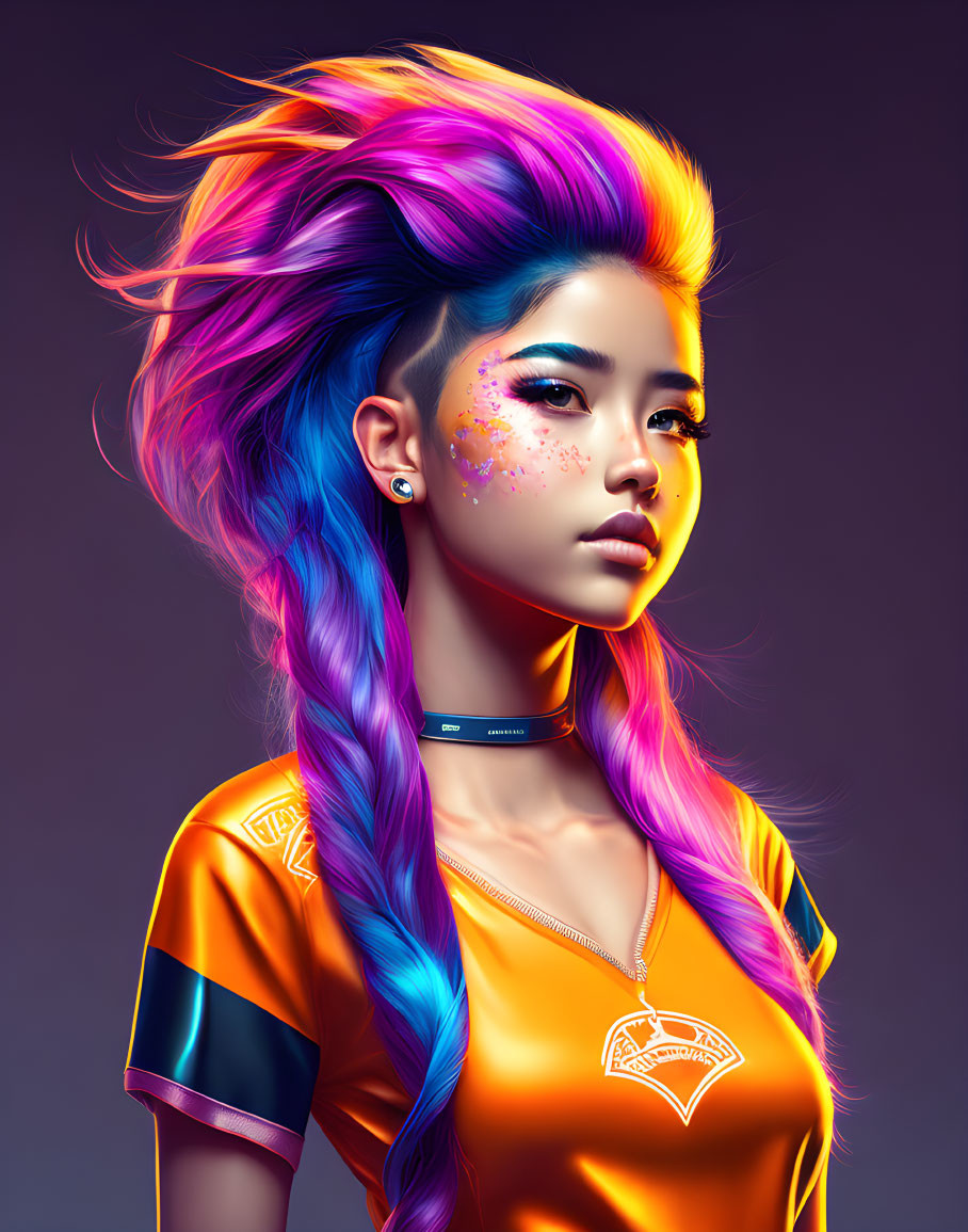 Colorful digital portrait of woman with glitter makeup and vibrant hair on purple background wearing yellow and orange jersey