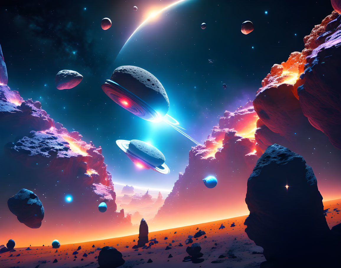 Sci-fi landscape with UFOs, floating rocks, starry sky, and colorful nebula