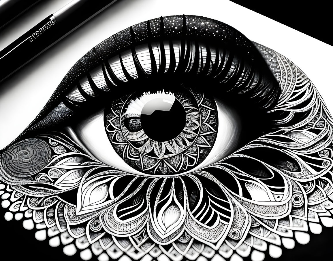 Detailed Black and White Eye Illustration with Pen