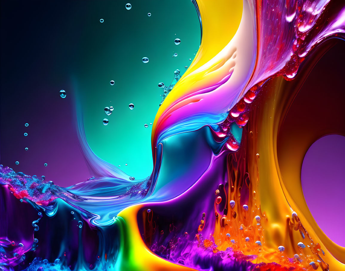 Abstract fluid shapes and droplets in vibrant colors and dynamic composition