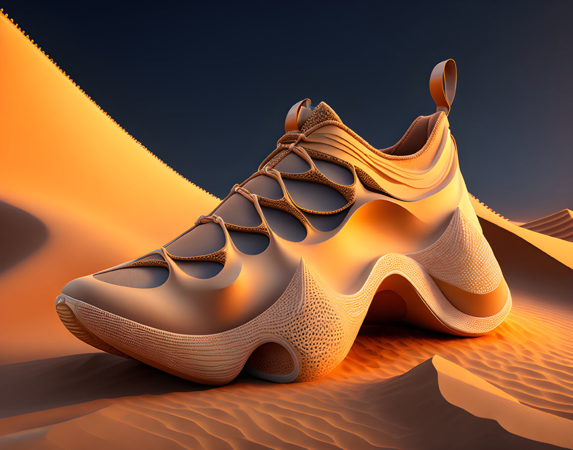 Futuristic sneaker with organic design on desert dunes under warm sky