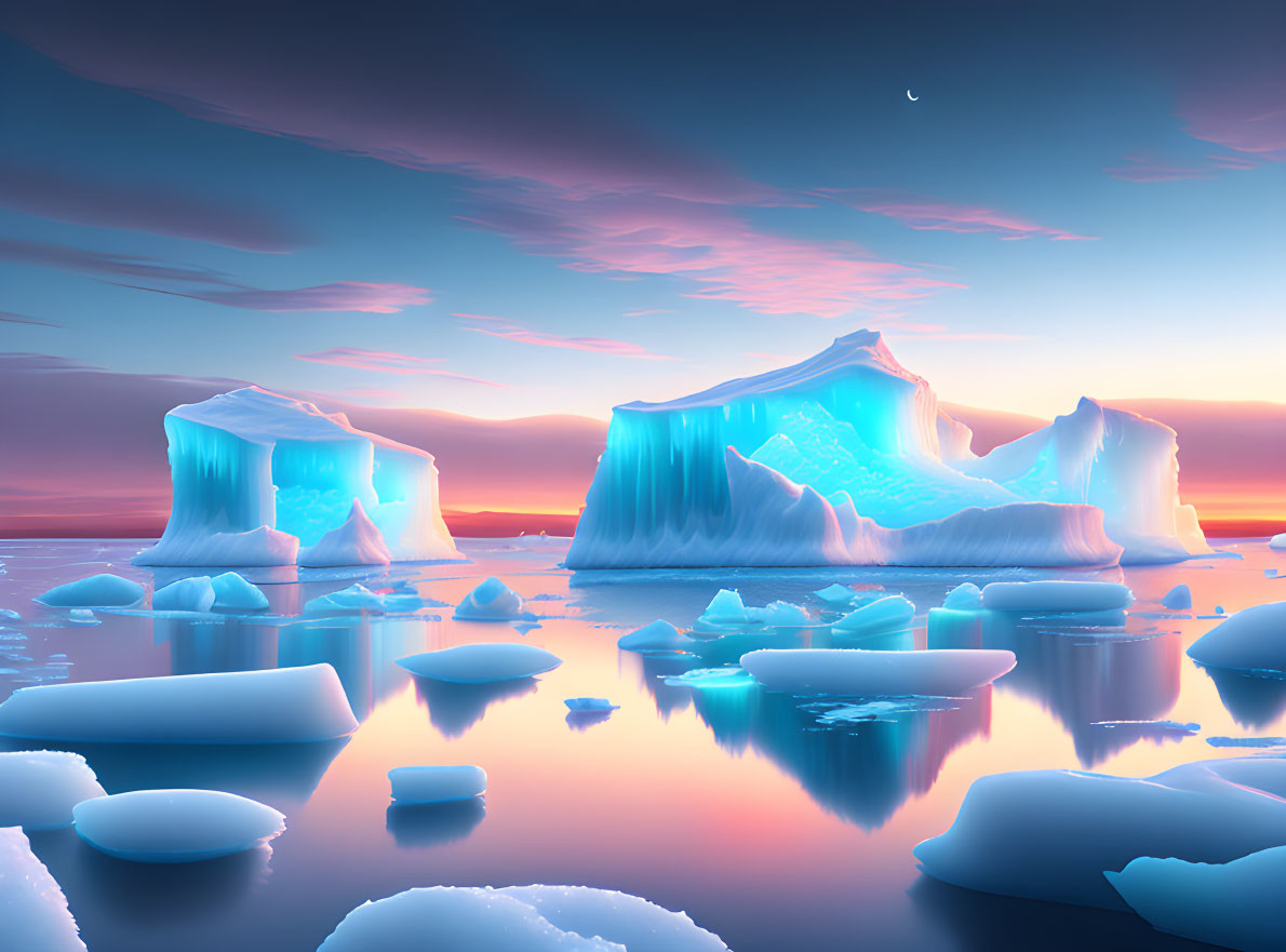 Tranquil Arctic Landscape with Glowing Blue Icebergs