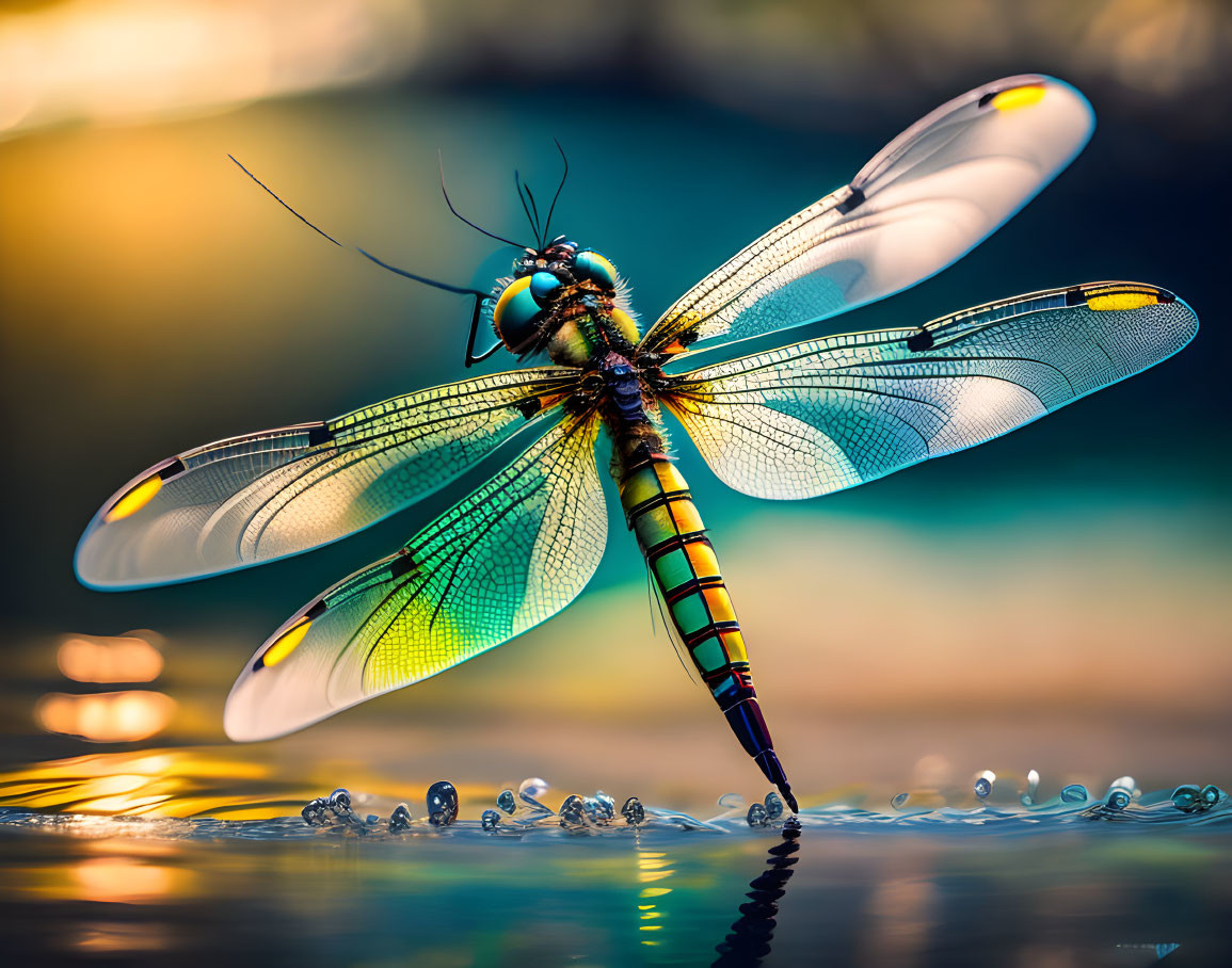 Vibrant dragonfly perched on water with spread wings in soft-focus background