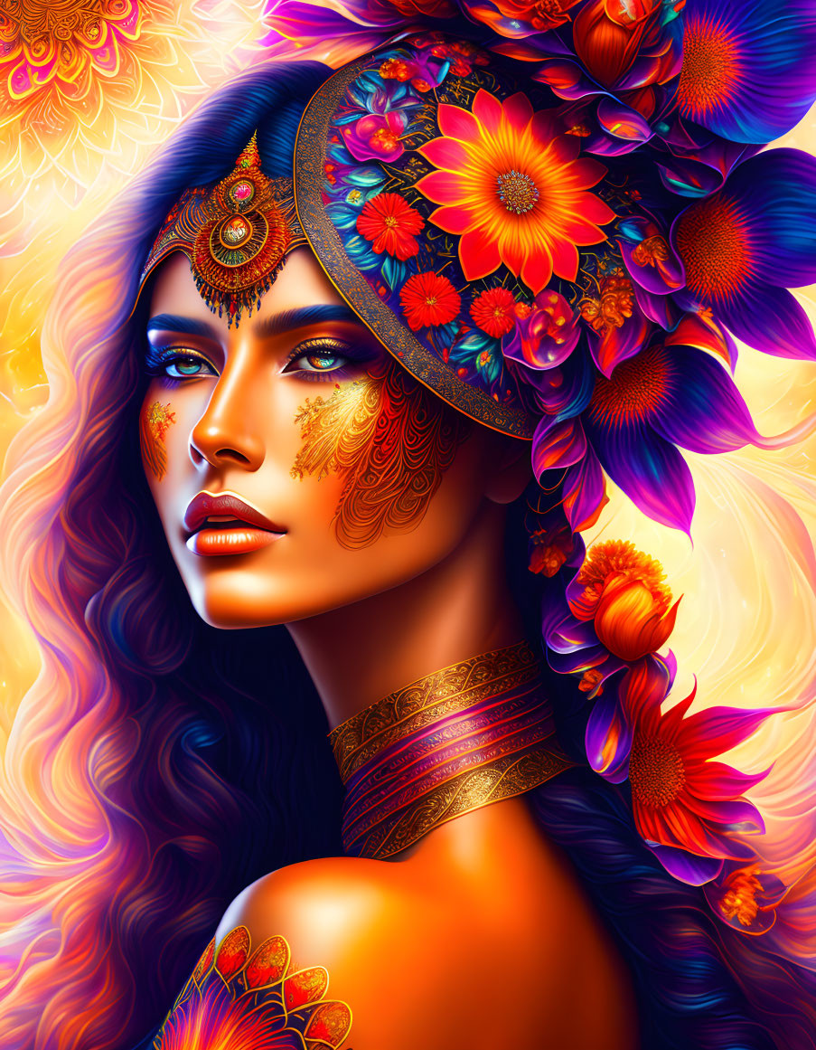 Colorful digital artwork: Woman with floral headgear and gold tattoos