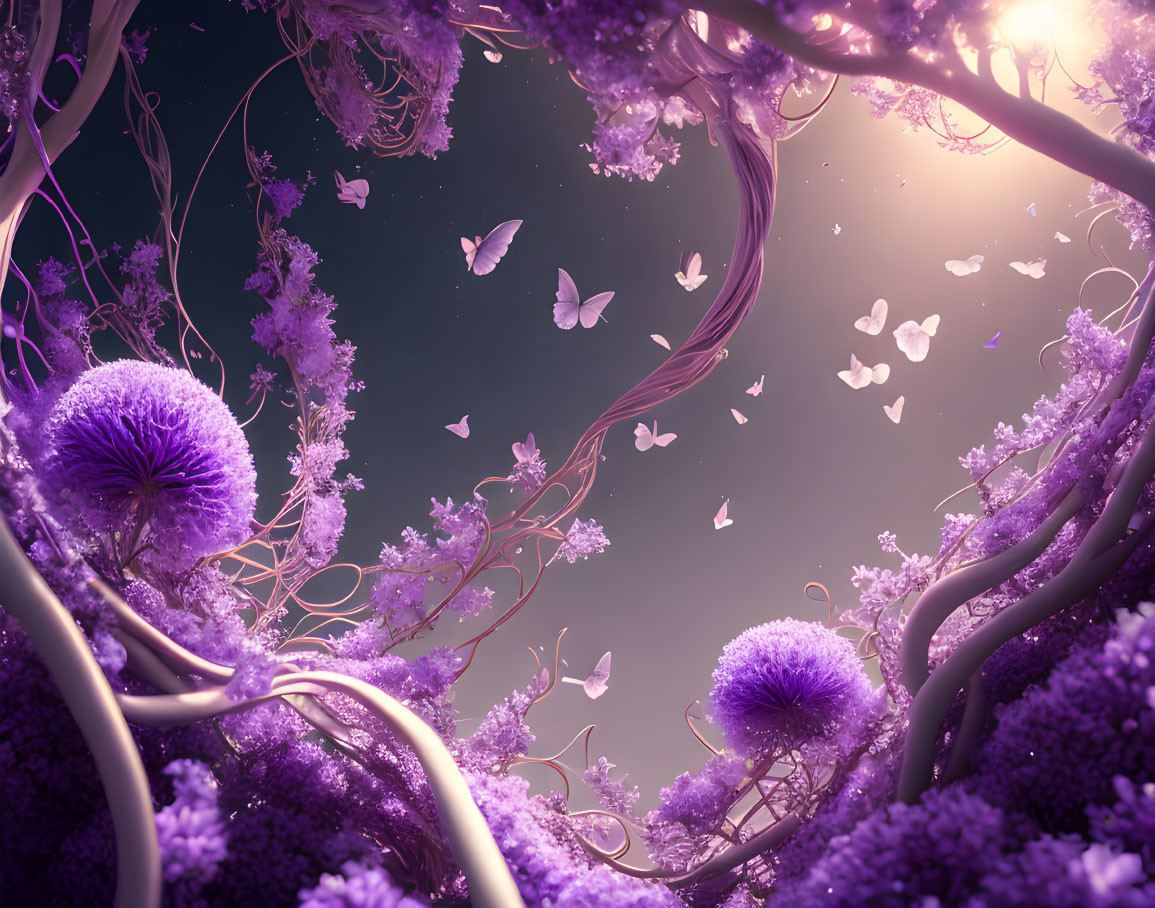 Purple Forest with Twisting Trees and Butterflies in Soft Sunset Glow