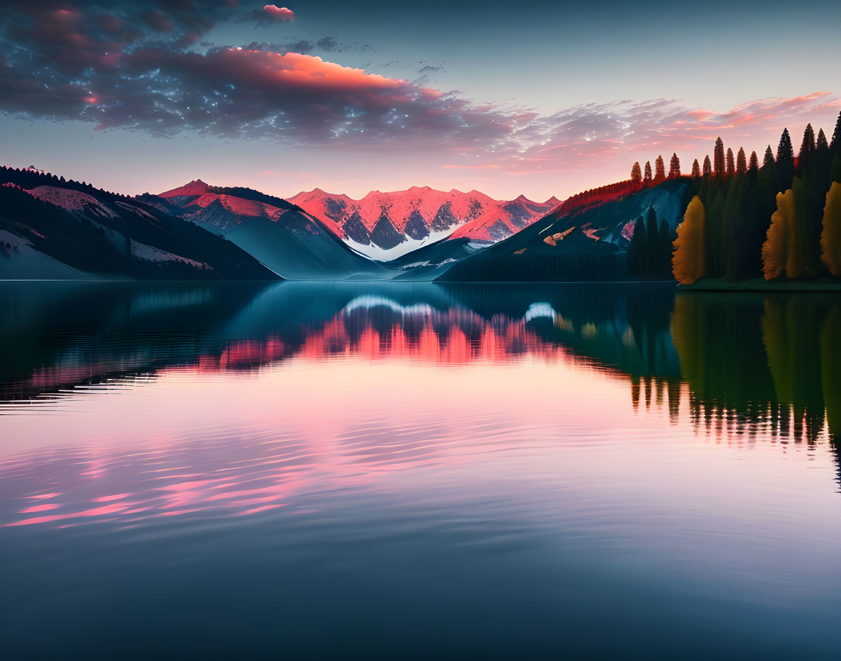 Tranquil lake mirrors vibrant sunset over mountain range