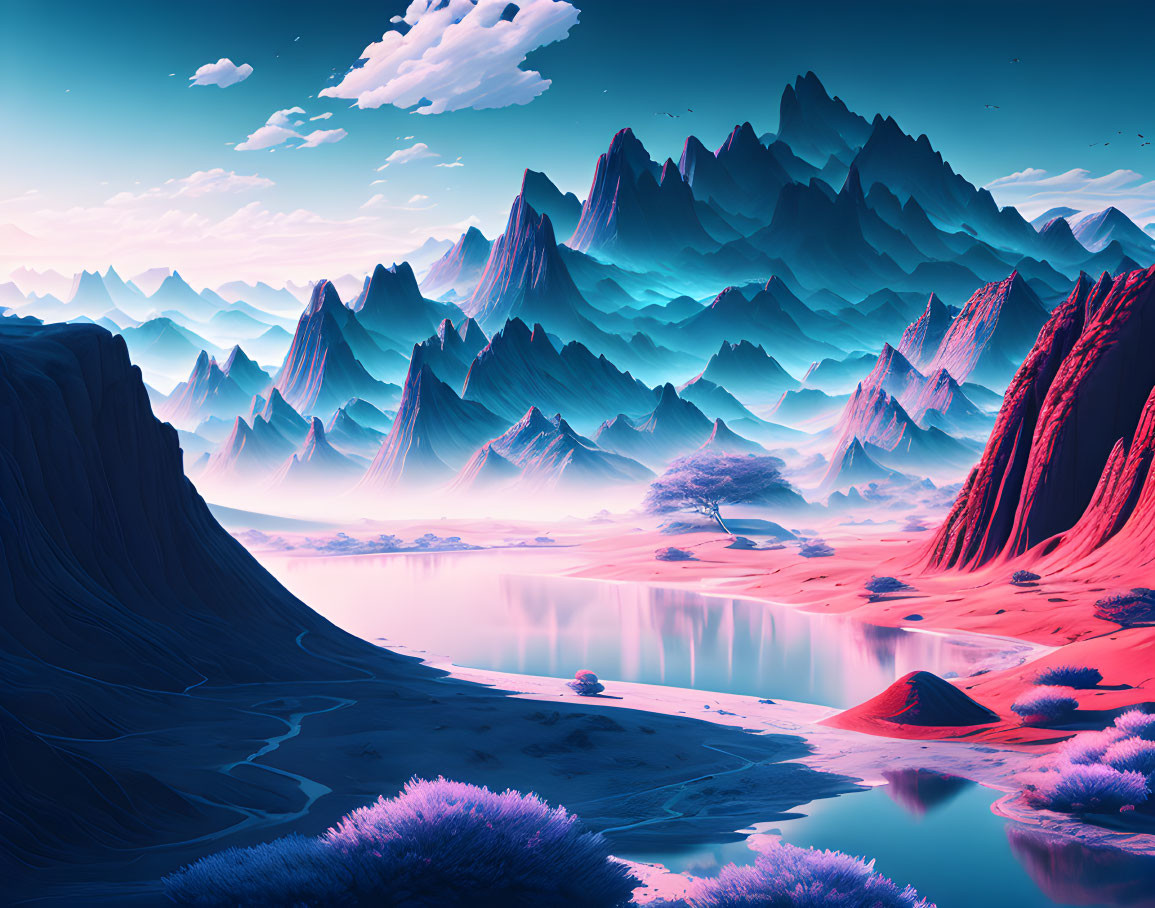 Alien landscape with pink and purple hues, mountains, lake, and strange vegetation