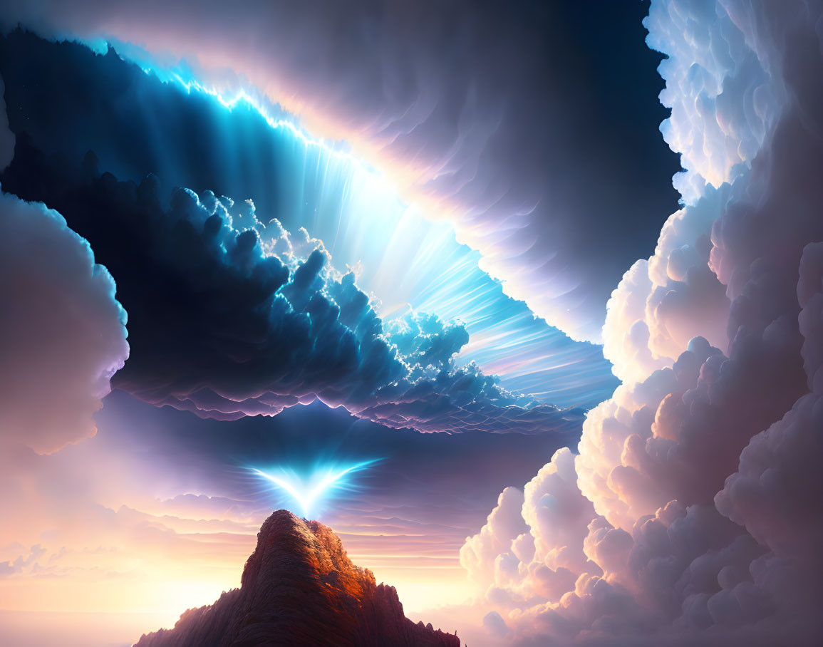 Dramatic sky with sunlight rays over mountain peak