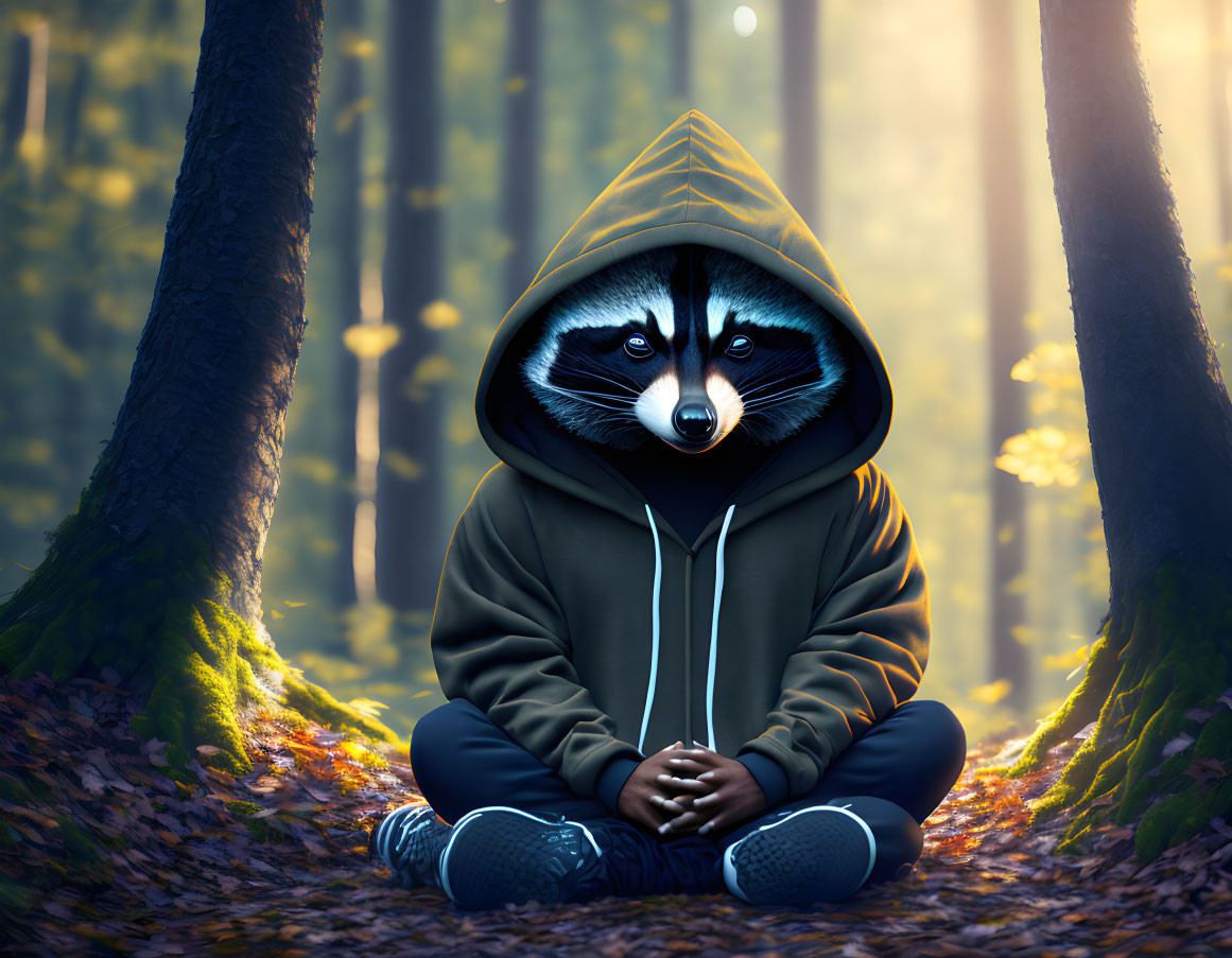 Person in Raccoon Mask Sitting in Forest Clearing