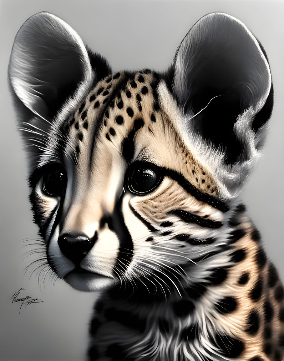 Detailed digital painting of young ocelot with striking markings