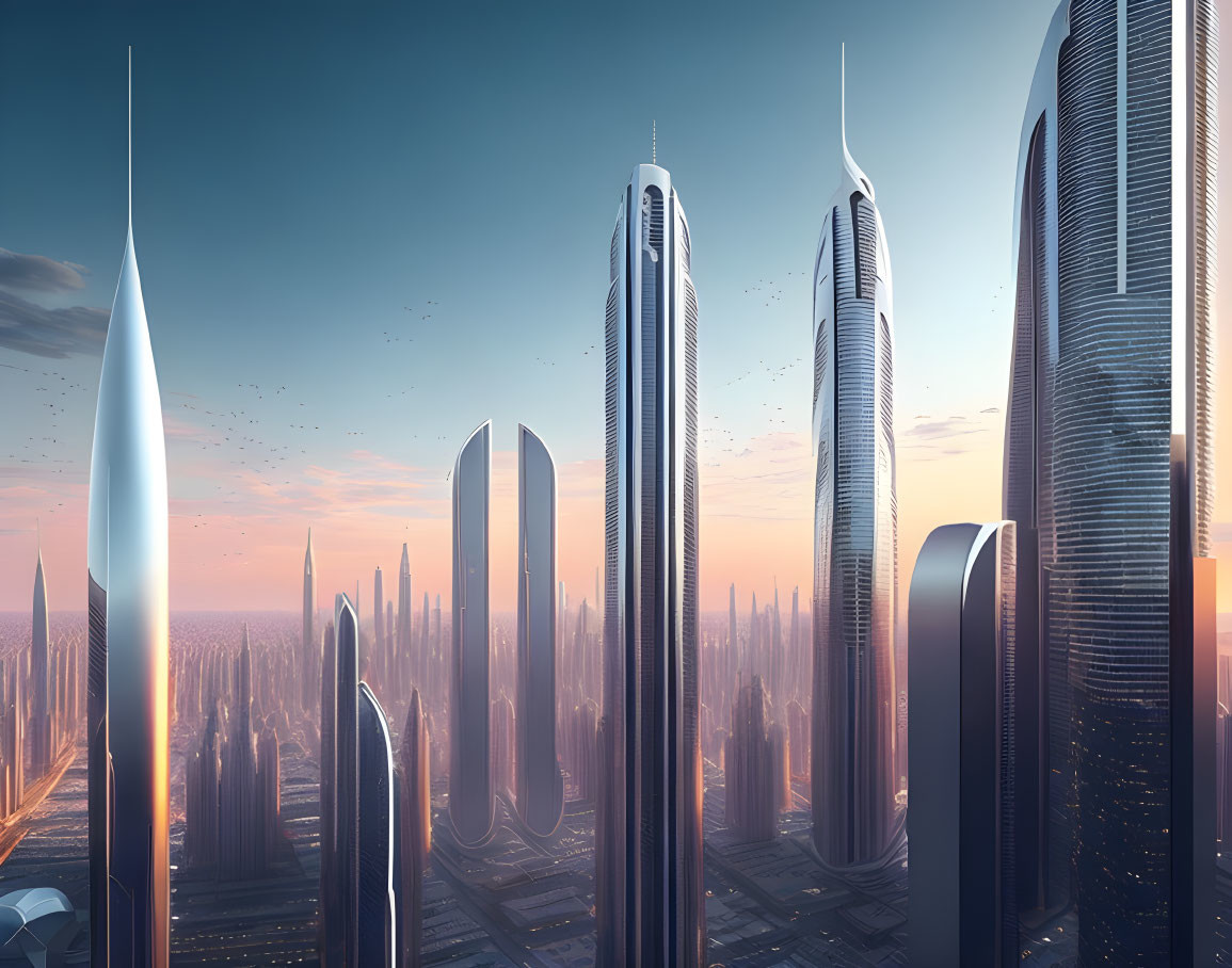 Futuristic cityscape sunset with sleek skyscrapers & flying vehicles