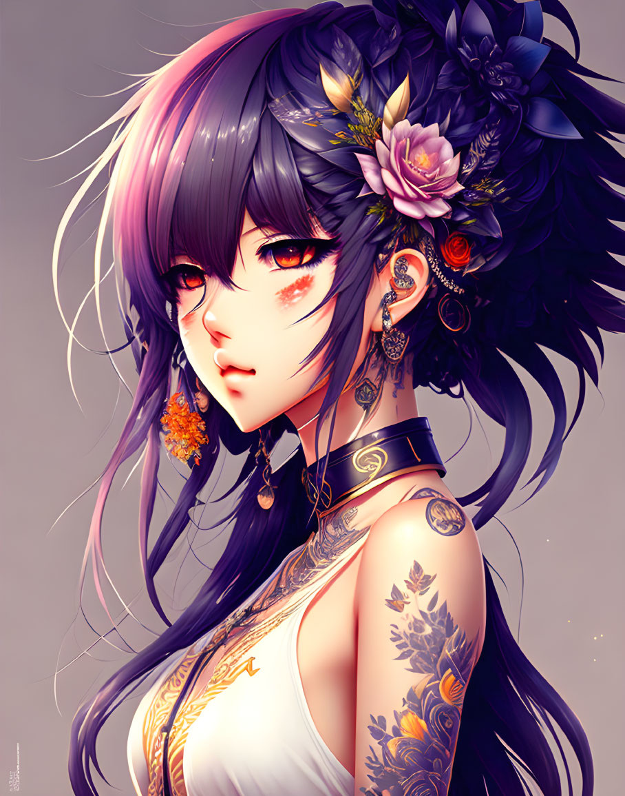 Illustrated girl with purple hair, red eyes, floral tattoos, and ornate earrings