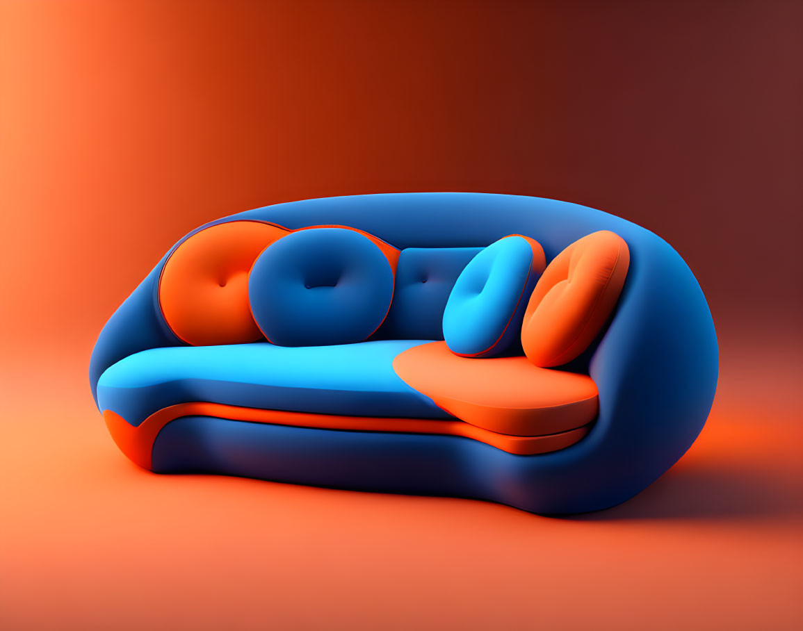 Blue Modern Abstract-Style Sofa with Round Cushions on Orange Background