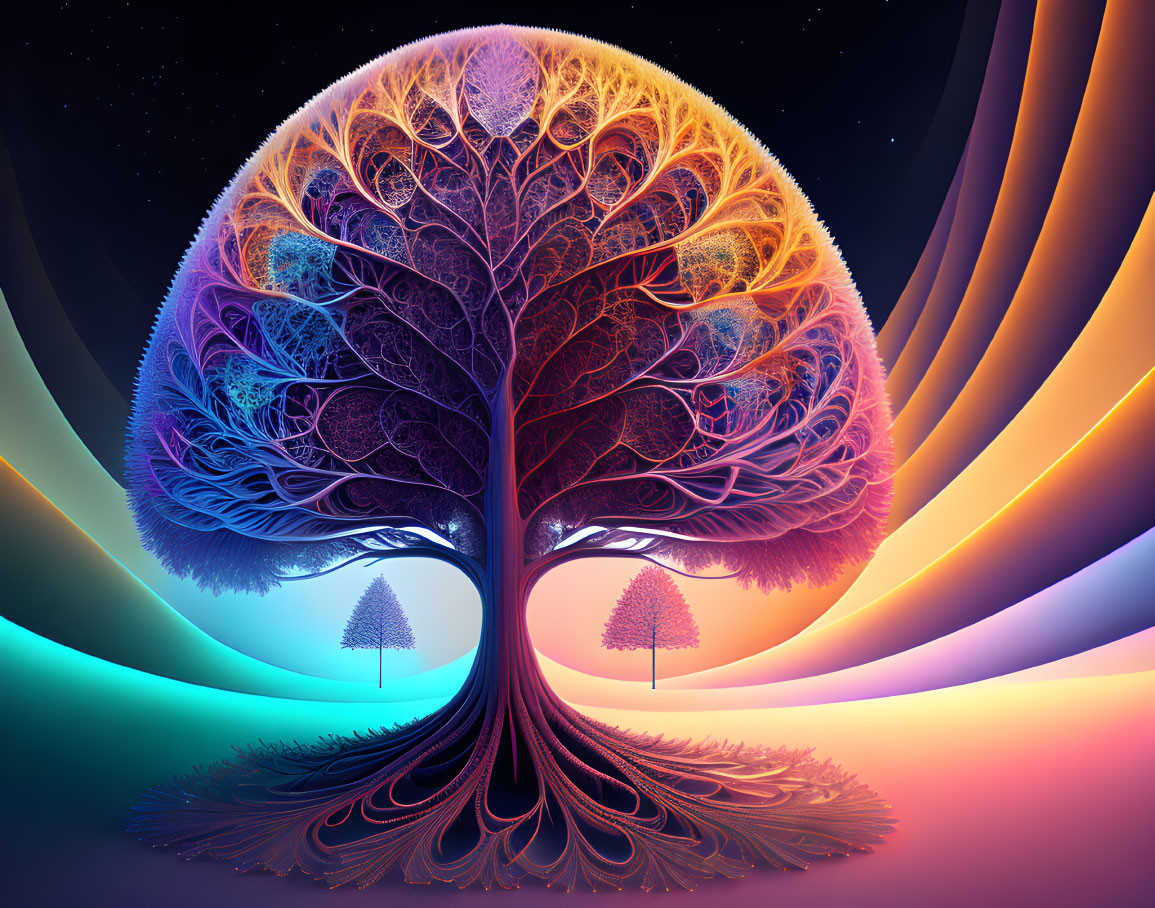 Digital artwork: Stylized tree against celestial sky