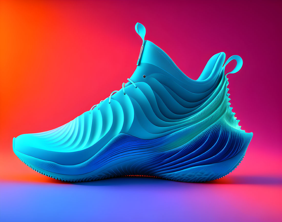 Futuristic blue sneaker with wavy layers on vibrant gradient background