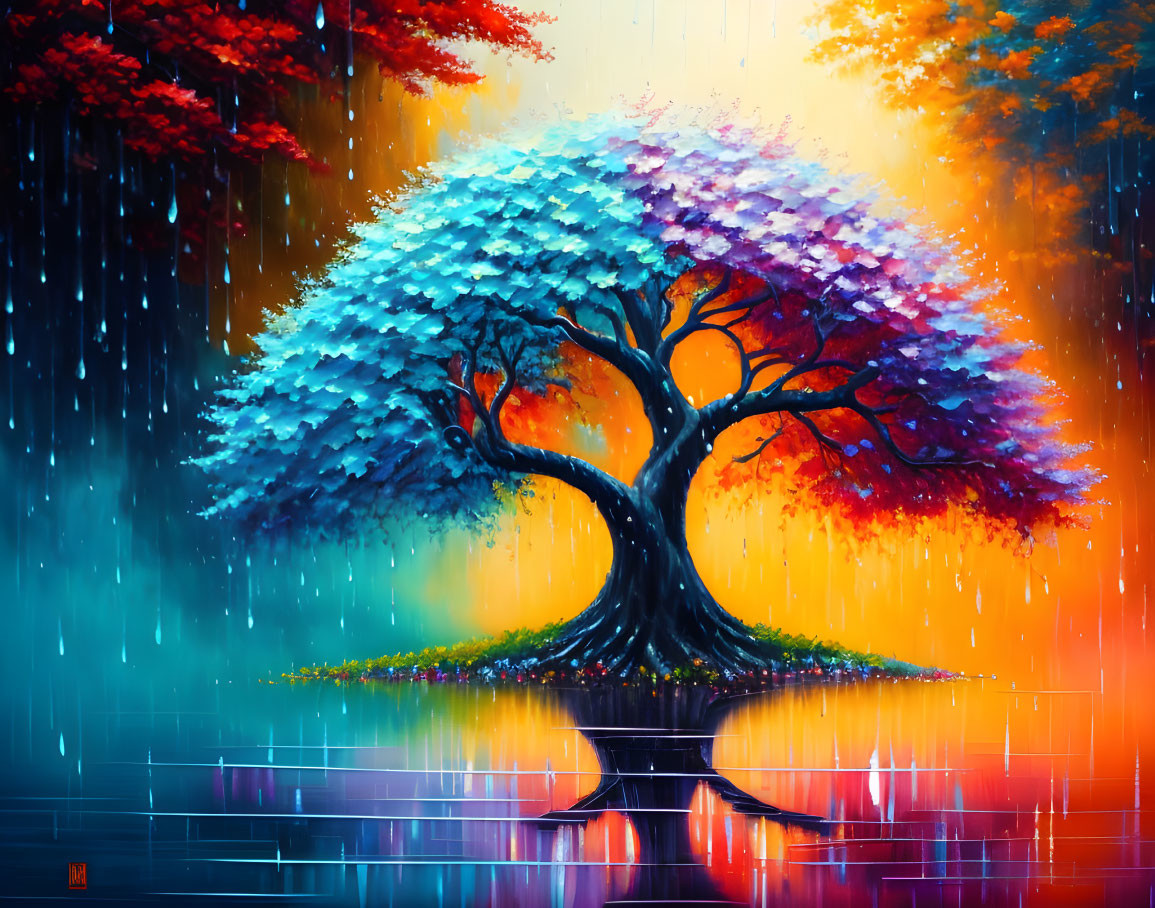 Colorful Tree Painting Reflecting in Water Under Rain Shower