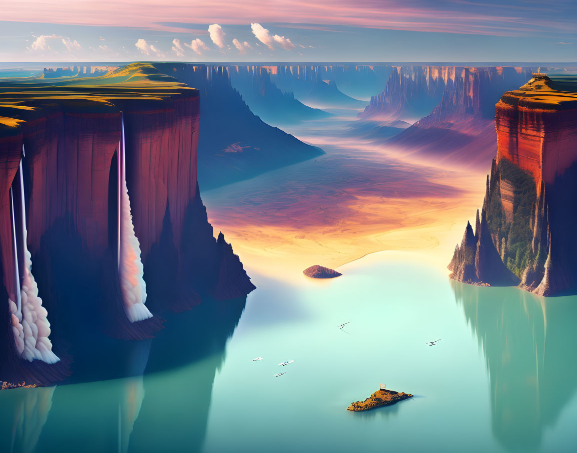 Majestic fantasy landscape with cliffs, waterfalls, river, desert valley, and birds.