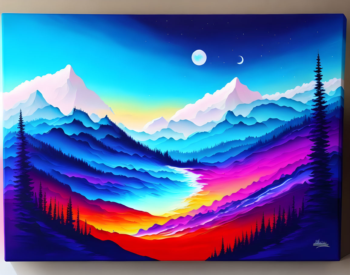 Colorful digital artwork: Purple-orange mountains, pine trees, starry sky.