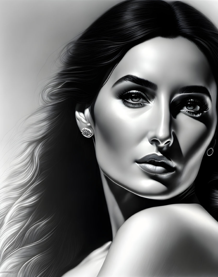 Detailed Monochrome Digital Portrait of Woman with Long Hair and Intense Gaze