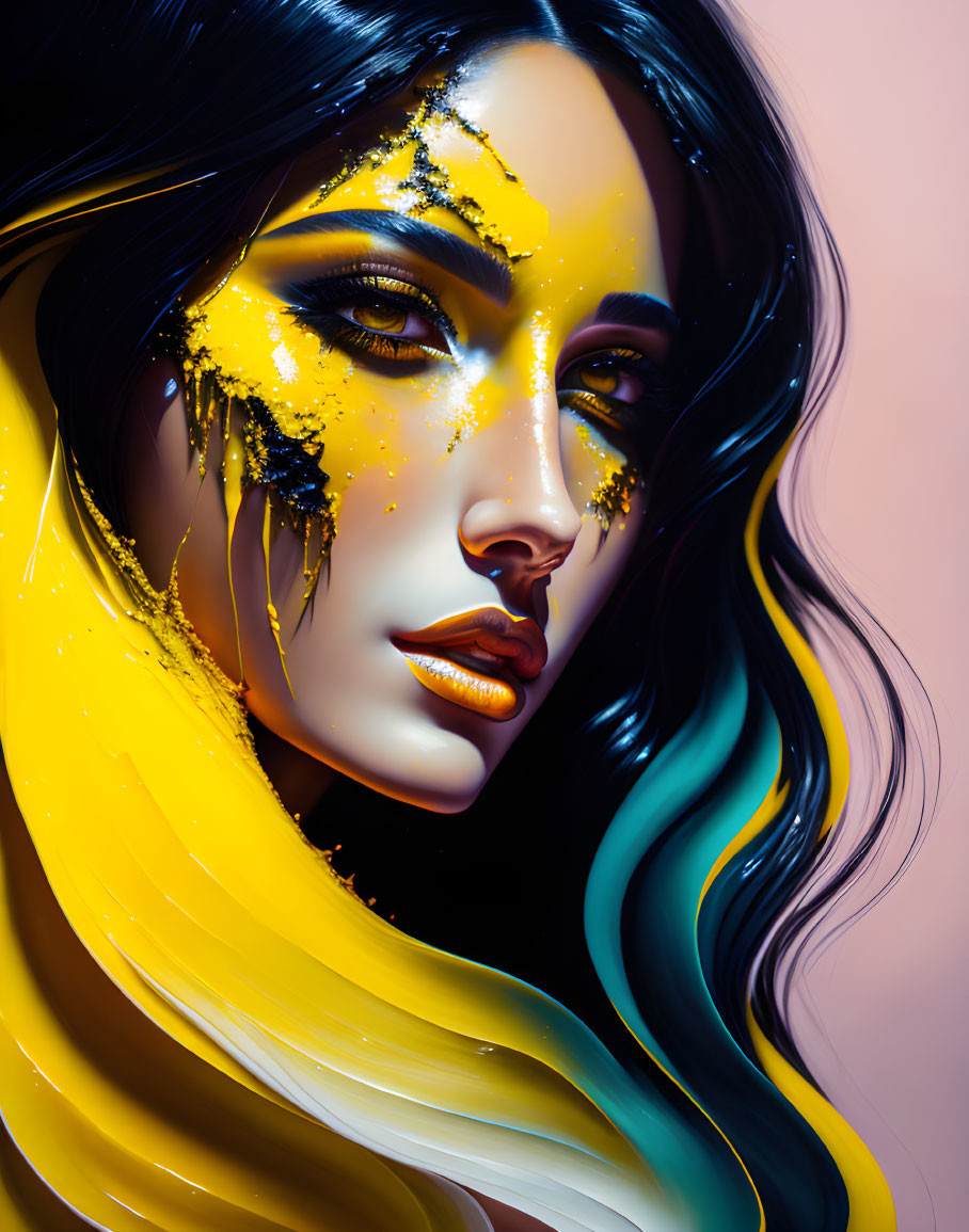 Colorful digital portrait: woman with blue and black hair, yellow and gold makeup.