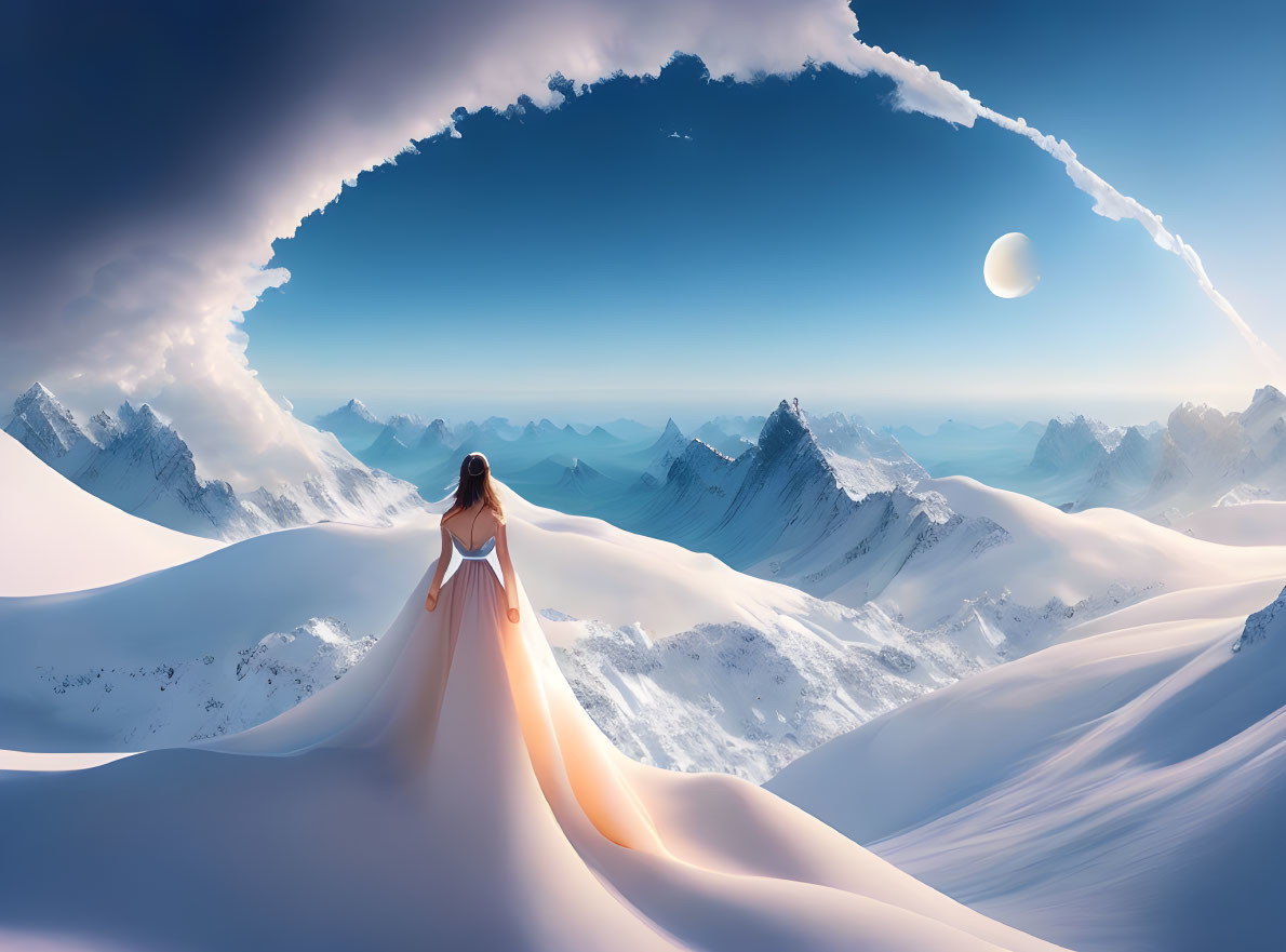 Woman in flowing gown gazes at eclipse over snowy mountain peaks