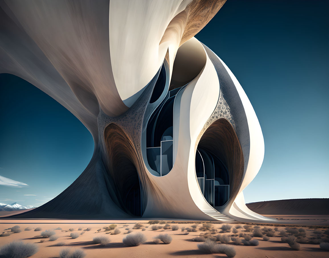 Futuristic curvilinear structure in desert landscape