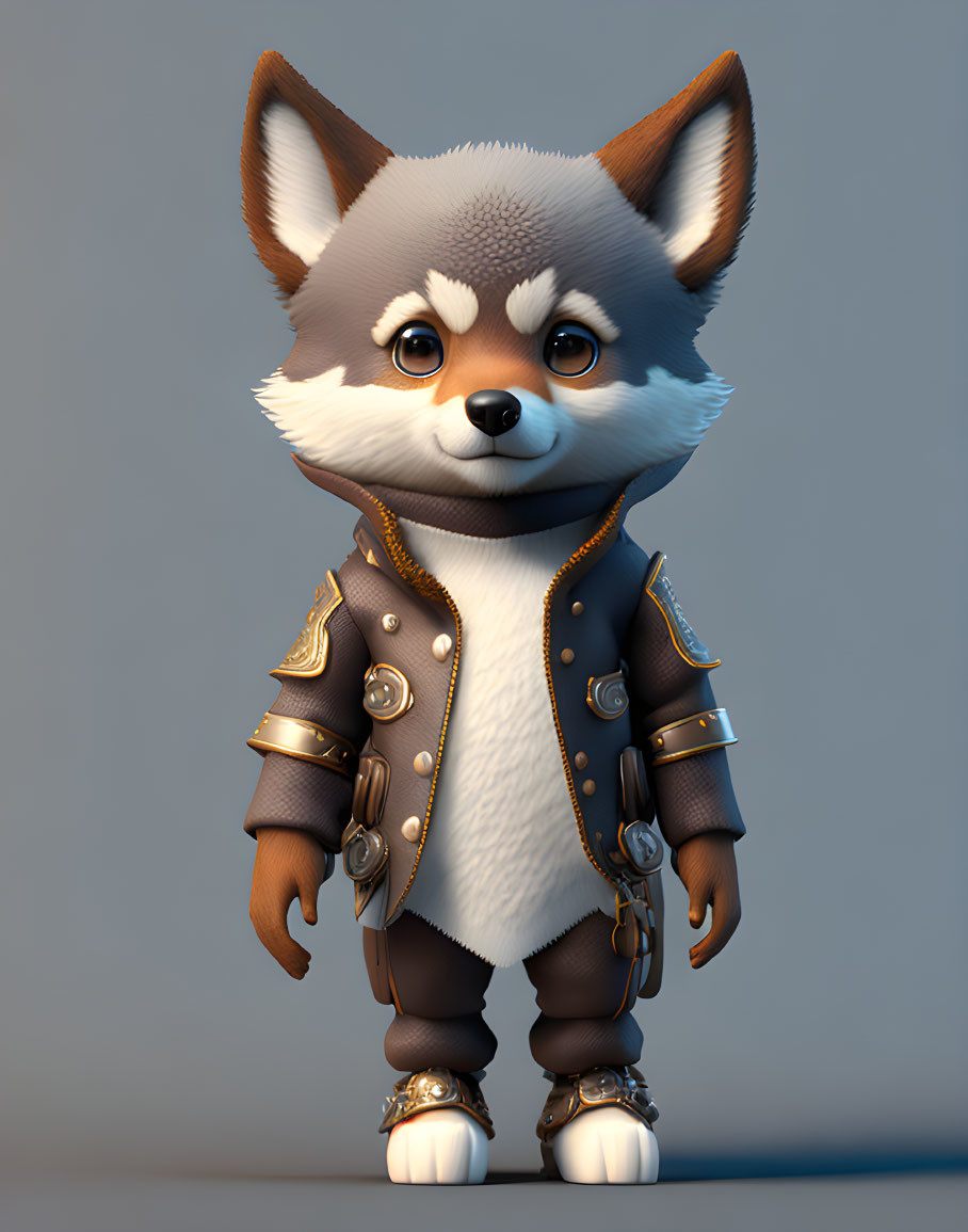 Anthropomorphic fox character in stylish dark jacket and gold details