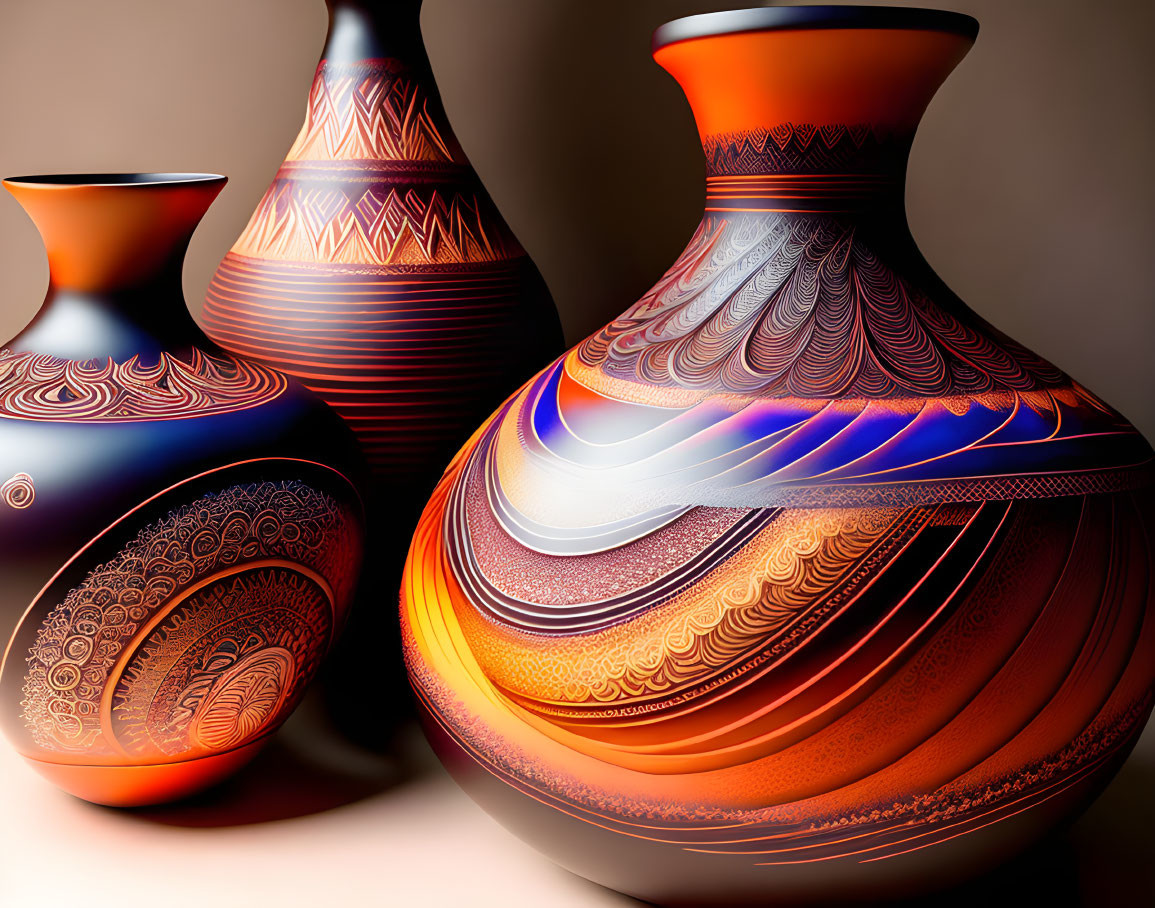 Three ornate vases in warm tones of orange, red, and brown on gradient background