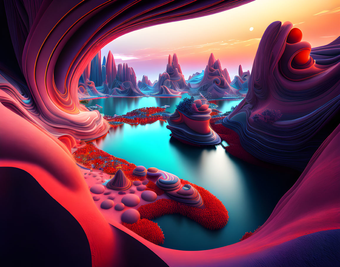 Colorful surreal landscape with fluid rock formations and reflective water under sunset sky