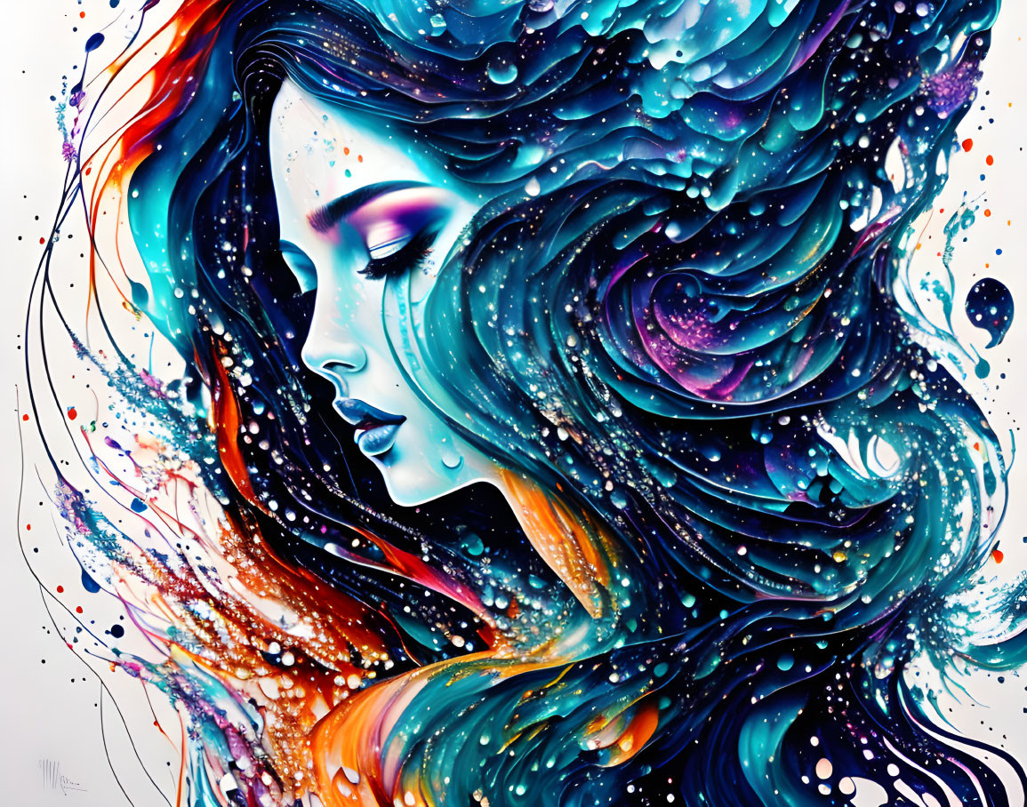 Colorful artwork: Woman with flowing hair merges with cosmic abstract pattern