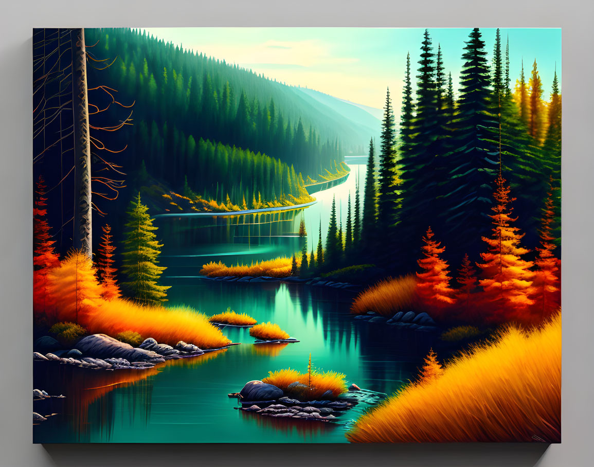 Colorful autumnal forest with river and mountains in digital art