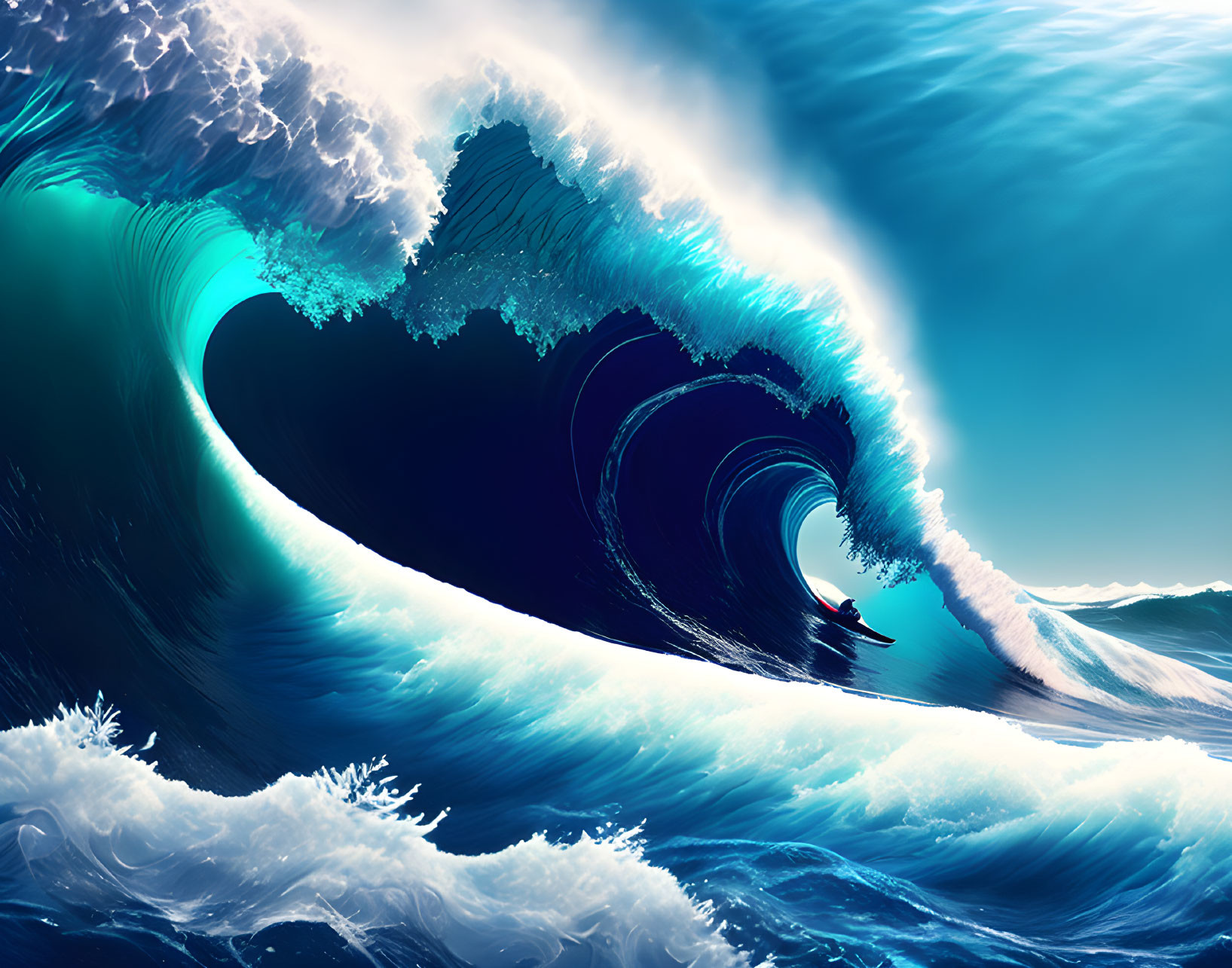 Detailed digital illustration of a massive blue ocean wave with frothy whitecaps