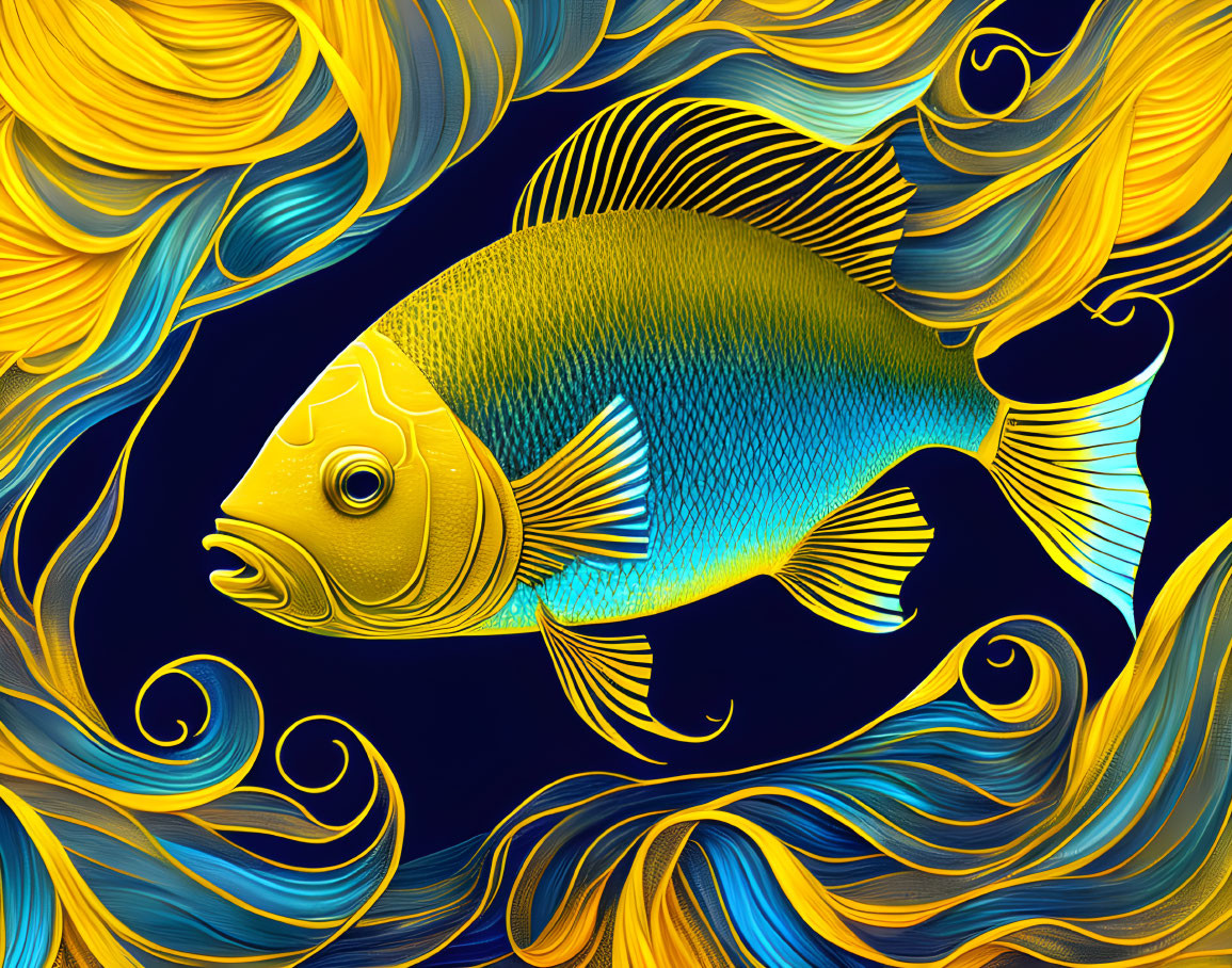 Colorful Digital Artwork: Yellow and Blue Stylized Fish in Golden Waves