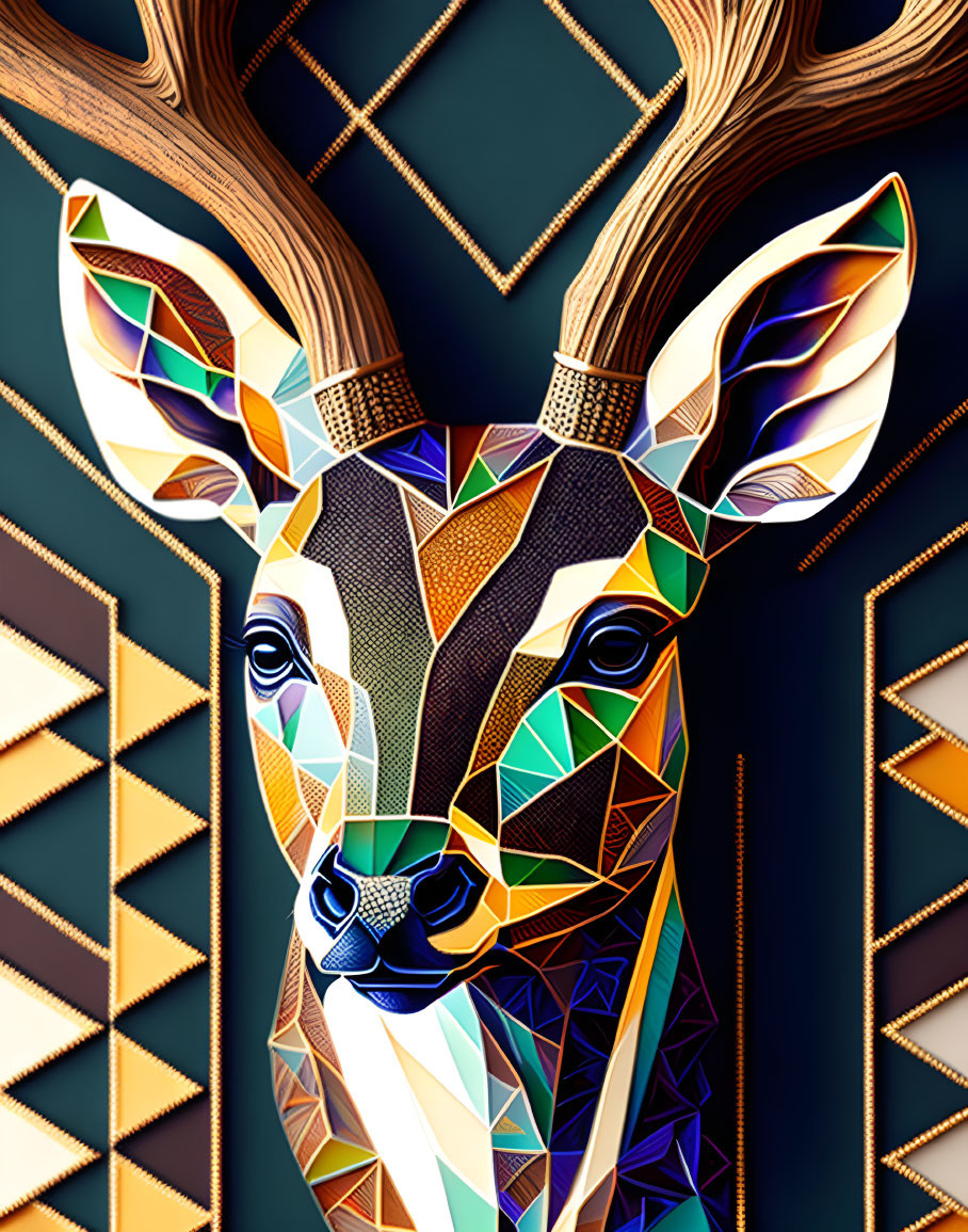 Colorful Geometric Deer Head Illustration on Dark Background