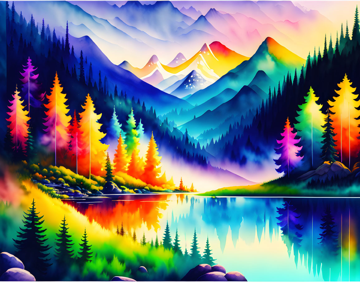 Mountainous landscape with colorful rainbow hues reflected in mirror-like lake