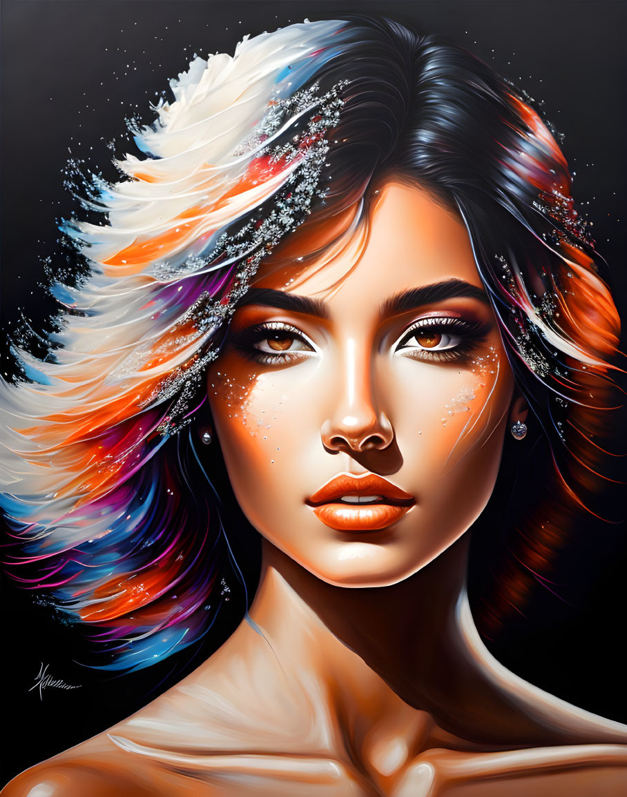 Colorful digital painting of woman with flowing cosmic hair.