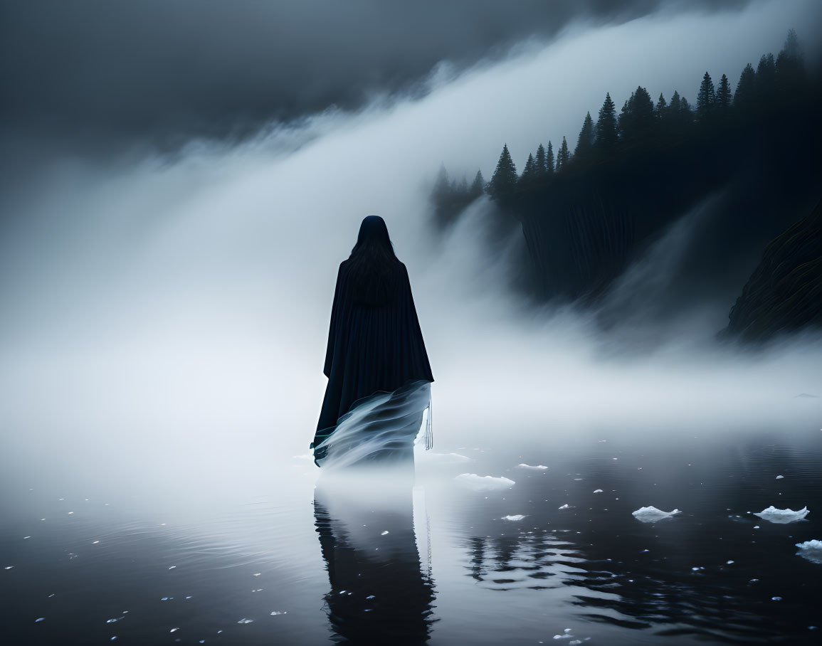 Misty lakescape with cloaked figure amid forested hills