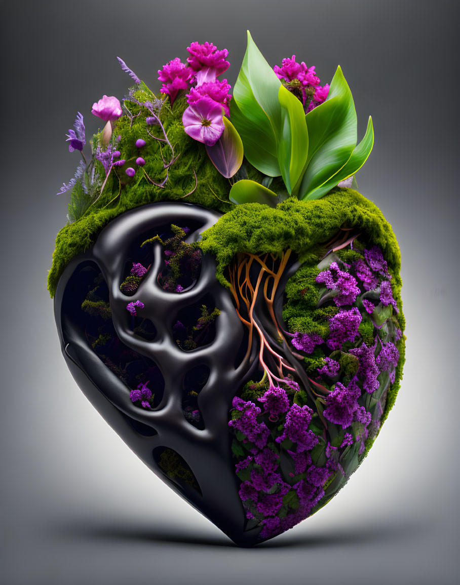 Heart-shaped tree void with vibrant green moss and pink flowers on grey background