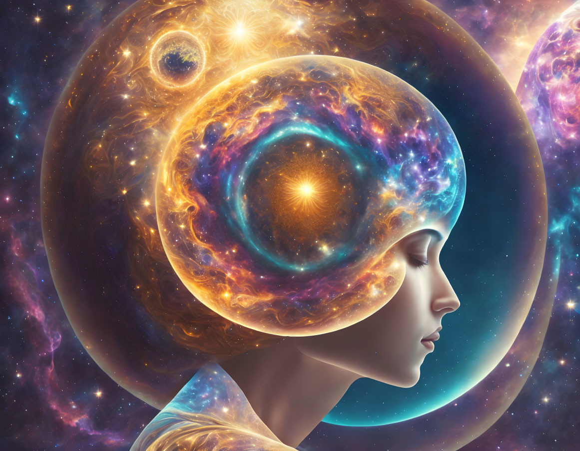 Surreal illustration of woman merging with cosmic scene