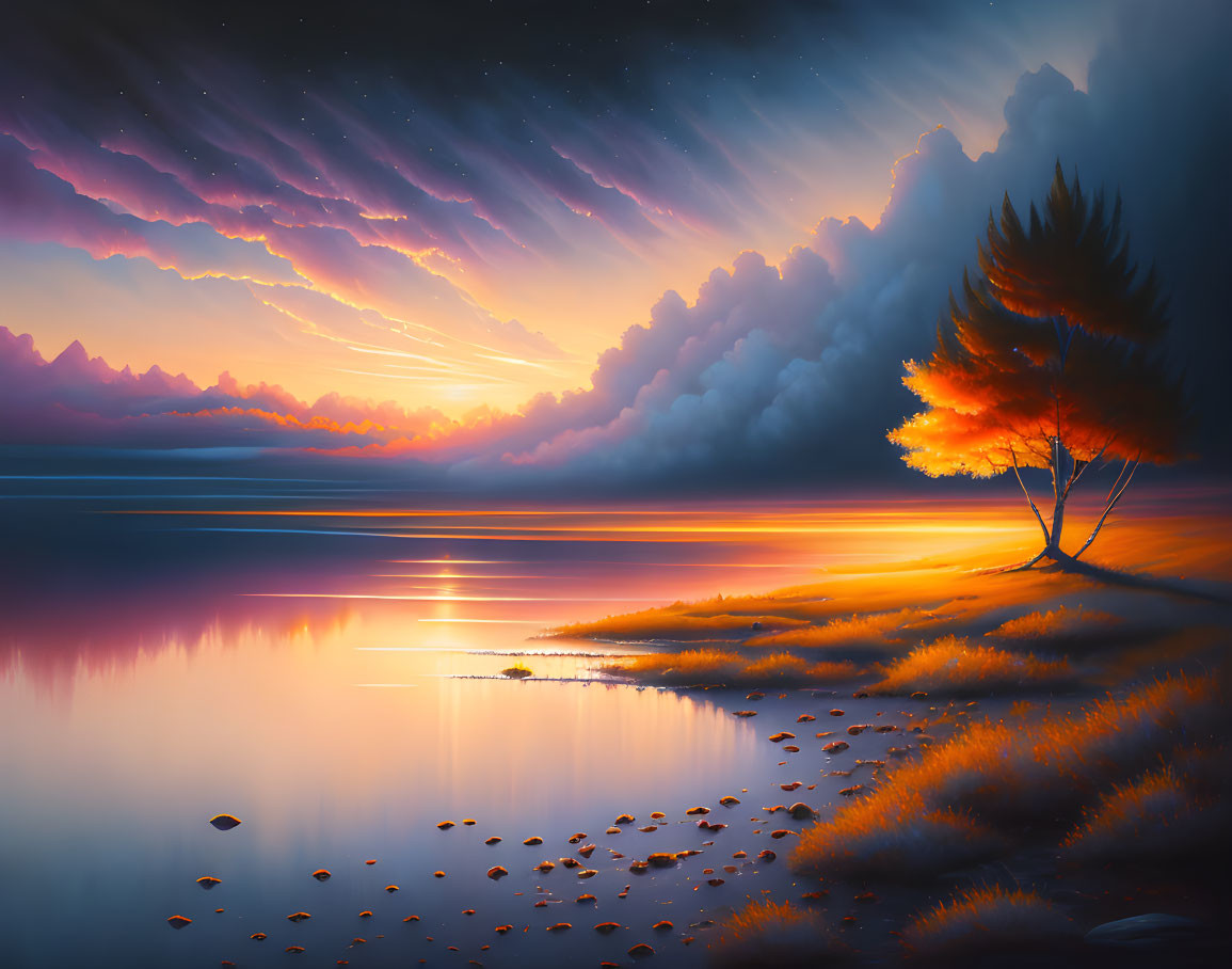 Vivid landscape: radiant sunset, calm lake, solitary tree, dramatic clouds, reflections