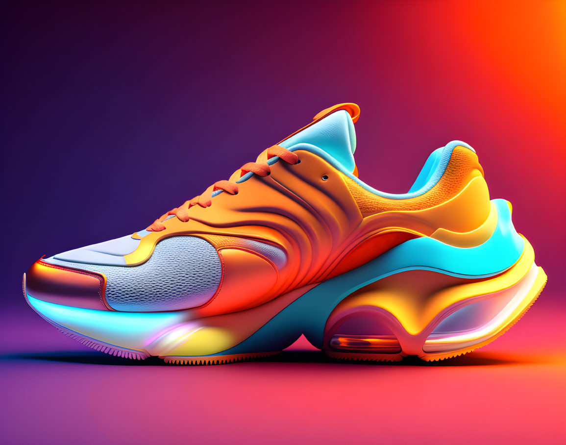 Colorful Sneakers with Orange, Blue, and Yellow Design on Purple Gradient Background