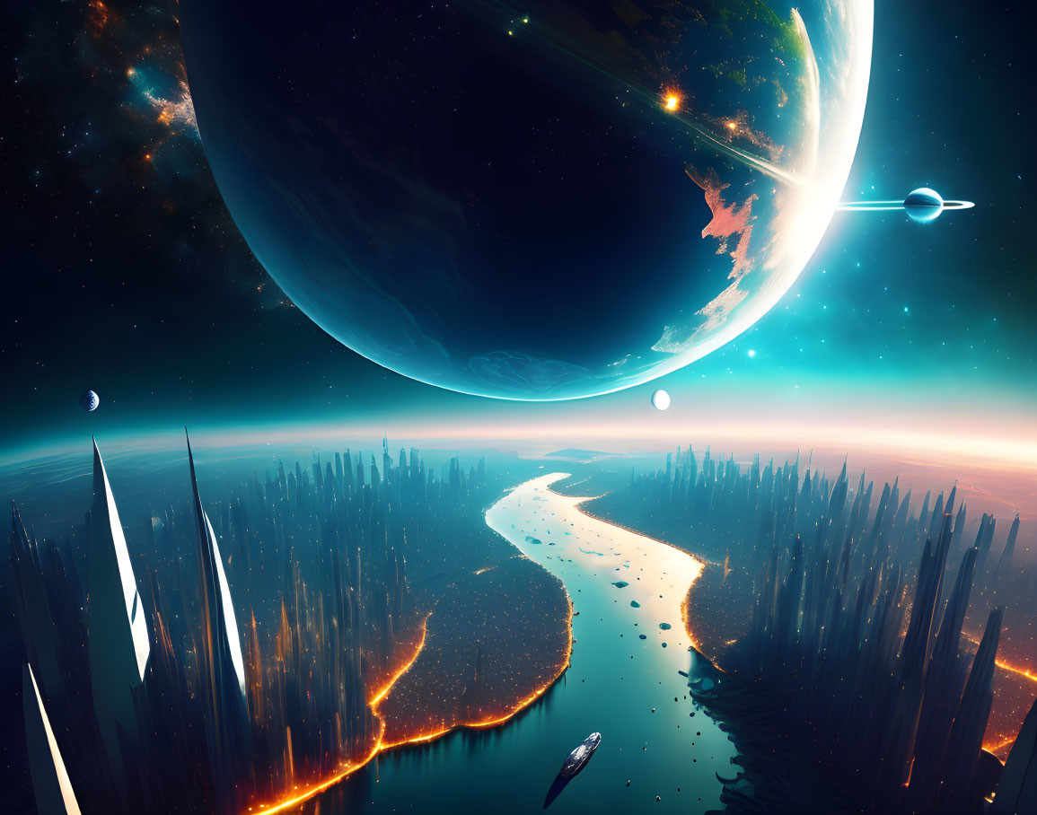 Futuristic landscape with river, alien flora, spaceship, and giant planets.