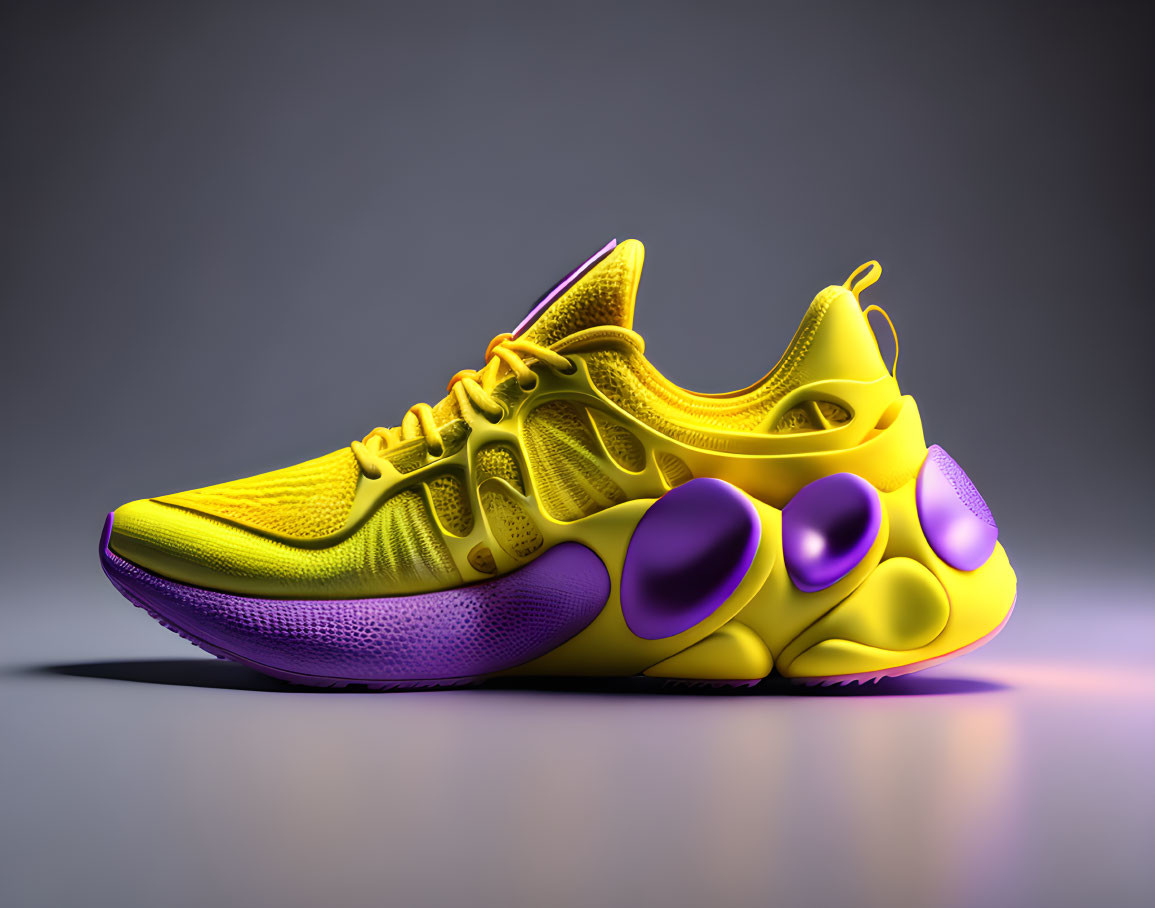 Yellow & Purple Sneaker with Bubble Design on Gray Background