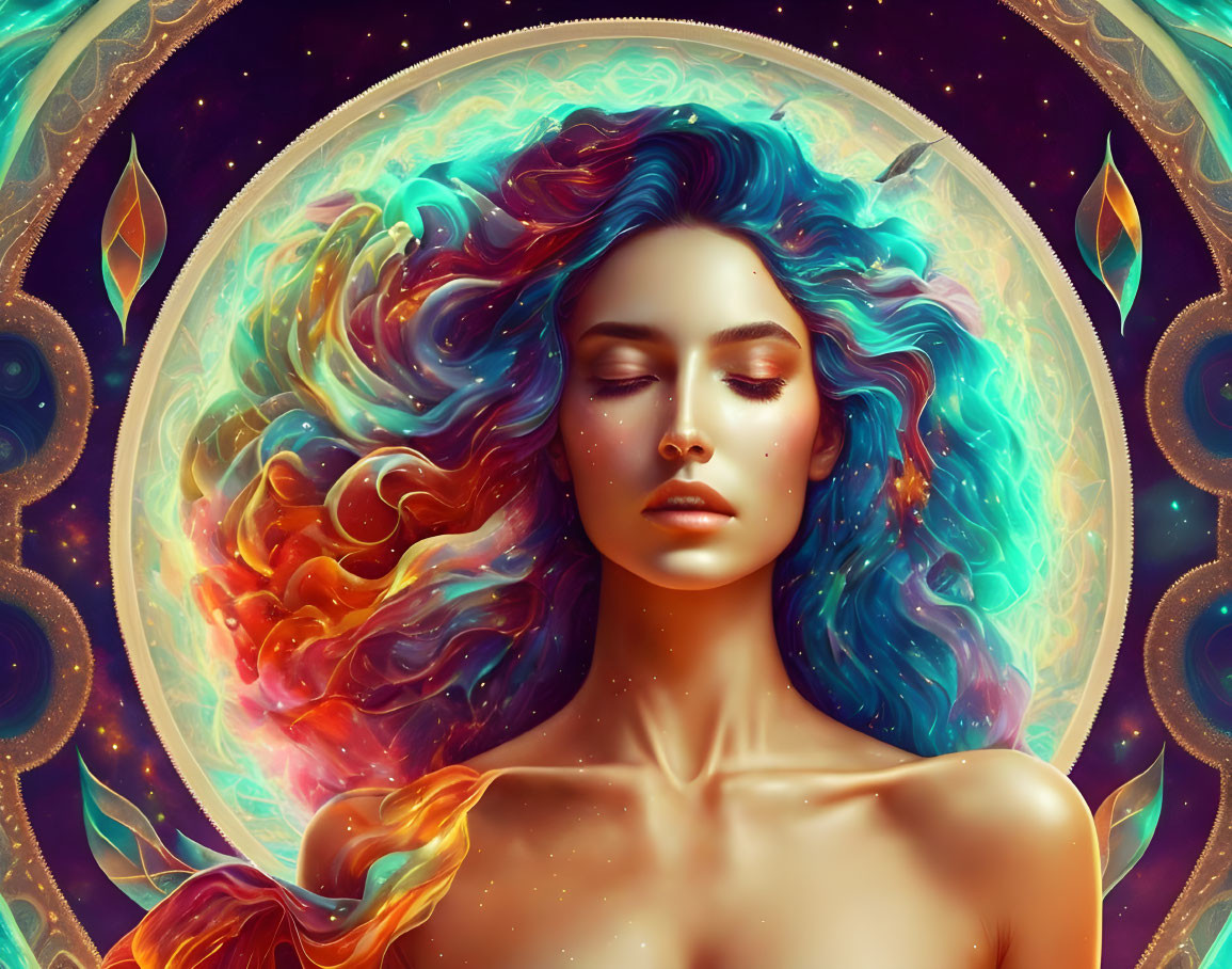 Vivid multicolored flowing hair digital illustration with cosmic nebulae theme.