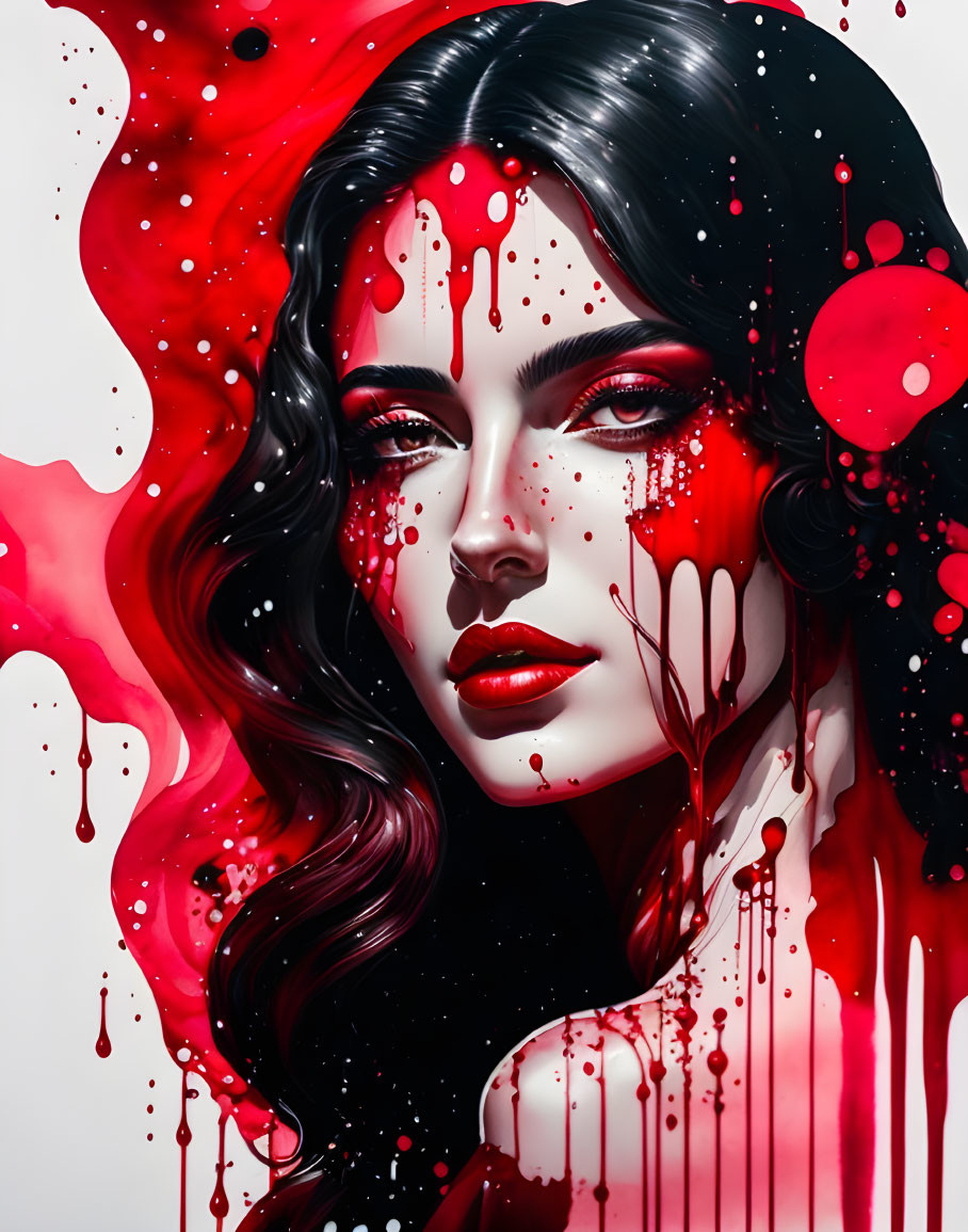 Stylized digital portrait of a woman with red paint drips and splashes