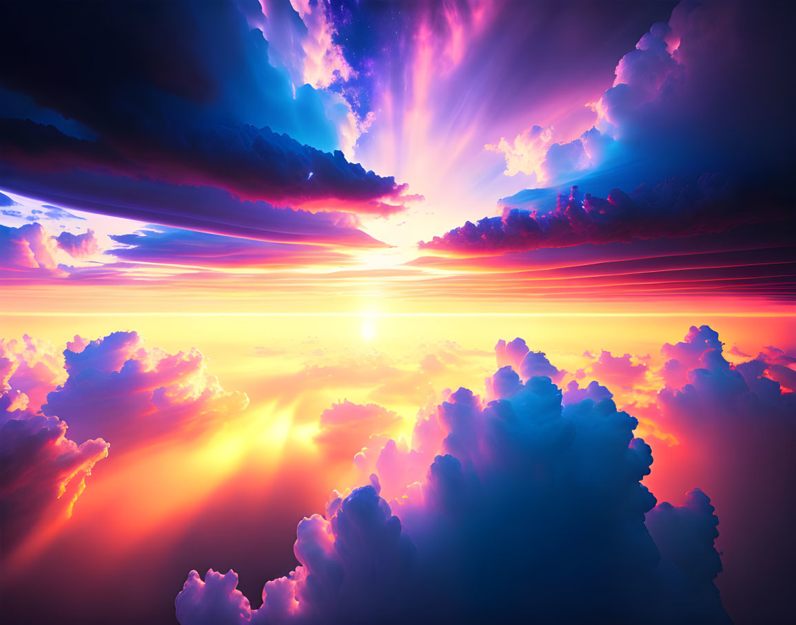 Dramatic sunset with radiant colors piercing through clouds