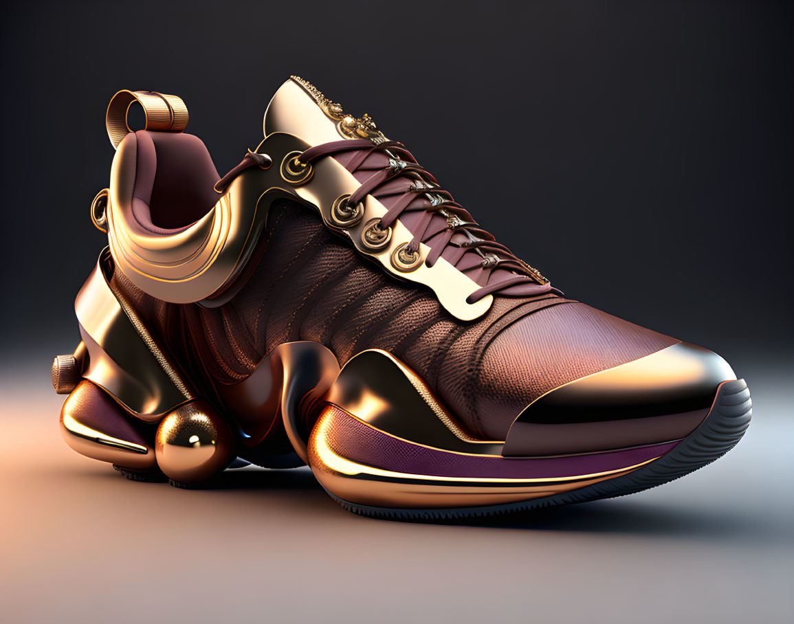 Brown and Gold Glossy Sneakers with White Laces and Metallic Embellishments