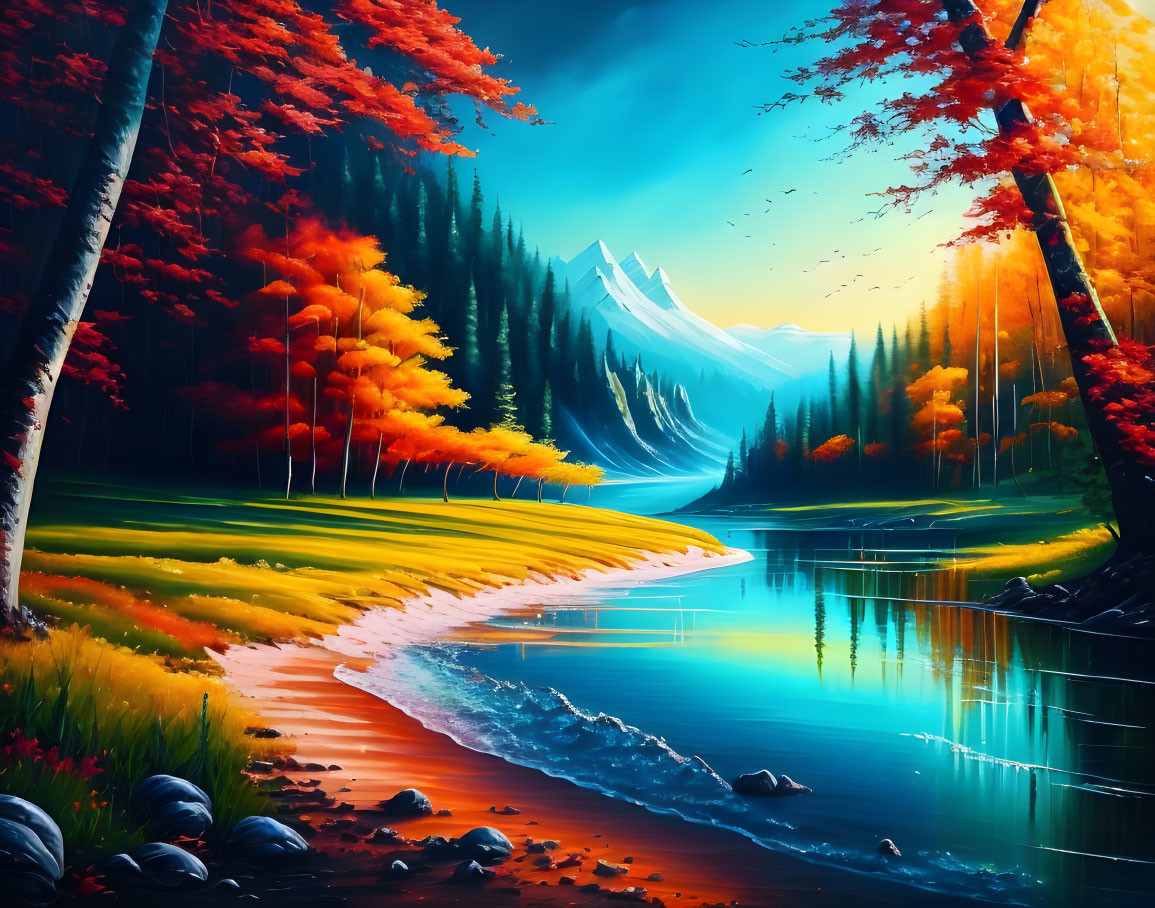 Scenic autumn forest, river, and mountains under blue sky